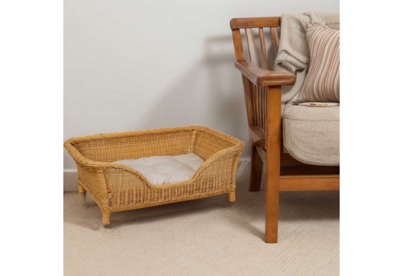 Thumbnail - Krines Home Hundekorb Großer Rattan Hundekorb geflochten Hundebett Hund hoch mit Kissen, Rattan Korb, Hundecouch