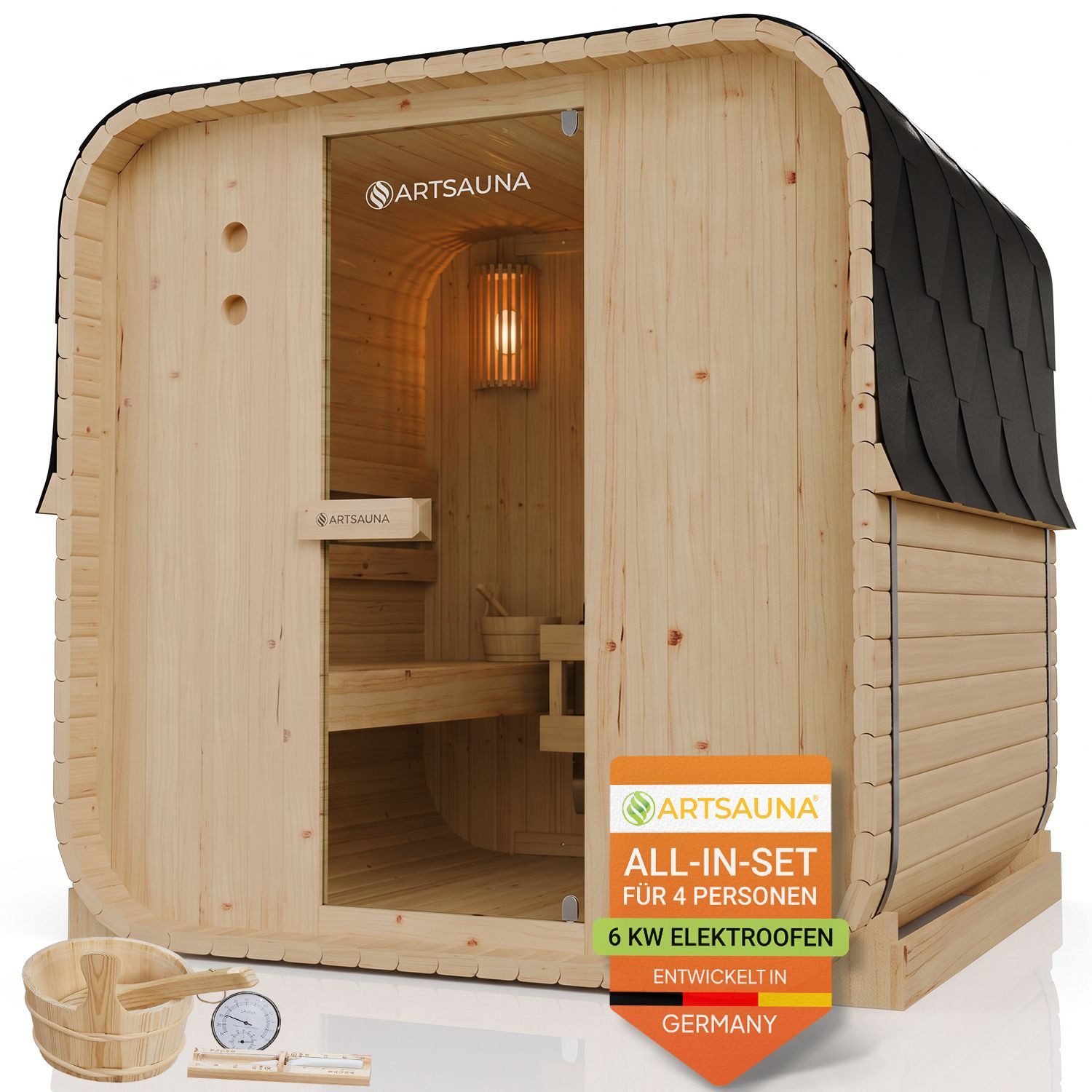 Artsauna Fasssauna Nolvik, BxTxH: 185 x 180 x 194 cm, 38 mm, Für 4 Personen, 6 kW Saunaofen, Fichtenholz, Zubehör-Set