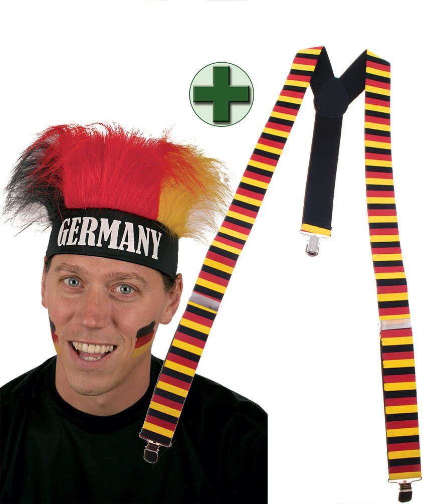 Karneval-Klamotten Kostüm Deutschland Perücke mit Hosenträger Fußball, Weltmeisterschaft WM EM Fan Artikel Fußball Party