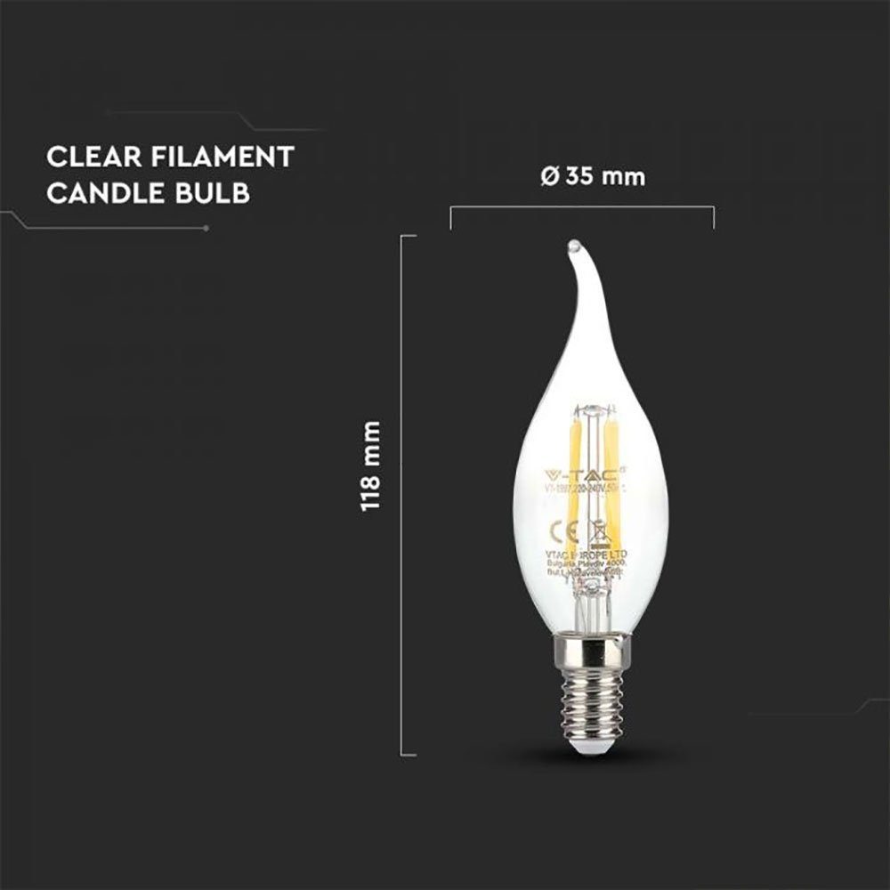 V-TAC LED-Leuchtmittel, LED warmweiß Glas Kerzenform Filament Leuchtmittel