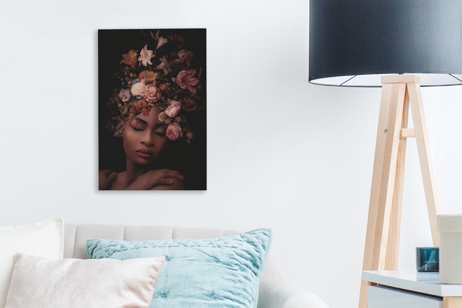 OneMillionCanvasses® Leinwandbild Frauen St), 20x30 - fertig (1 Zackenaufhänger, - Gemälde, Schwarz, Leinwandbild inkl. Blumen bespannt cm