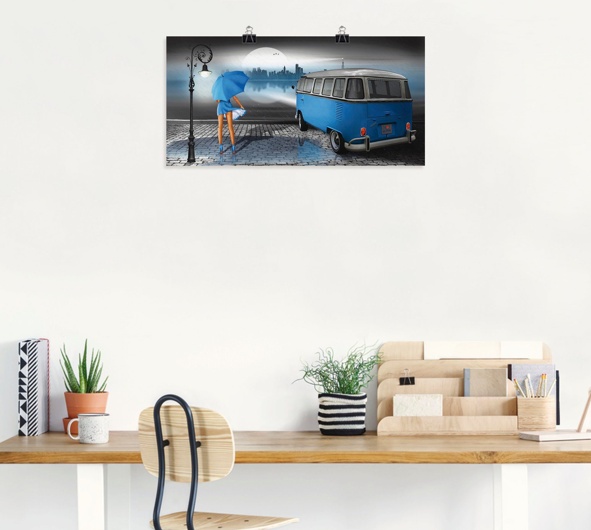 Artland Wandbild Regennacht in Blau mit Bulli T1, Auto (1 St), als Leinwandbild, Poster in verschied. Größen