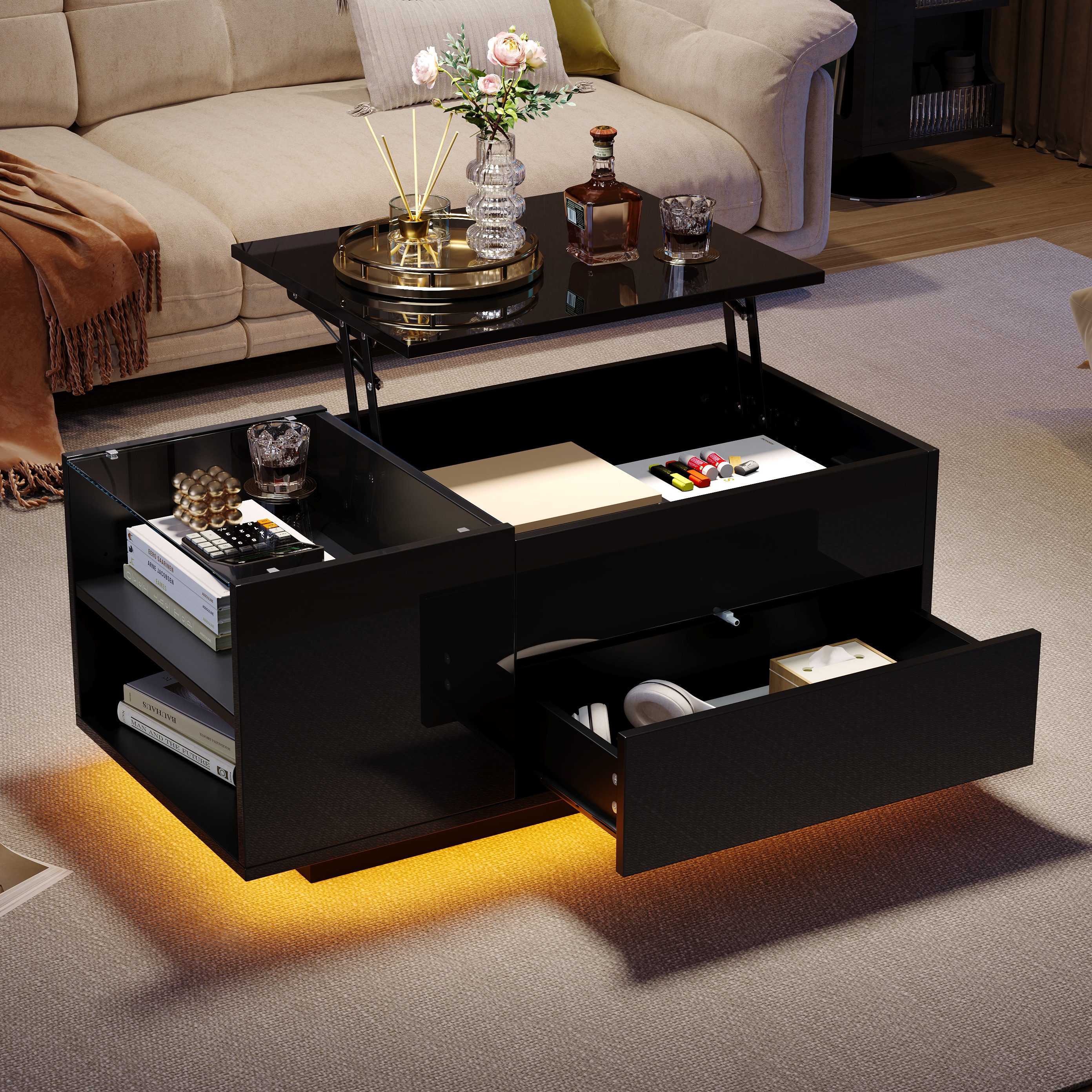 Merax Couchtisch hochglanz Sofatisch mit LED und Hebefunktion (Beistelltisc günstig online kaufen