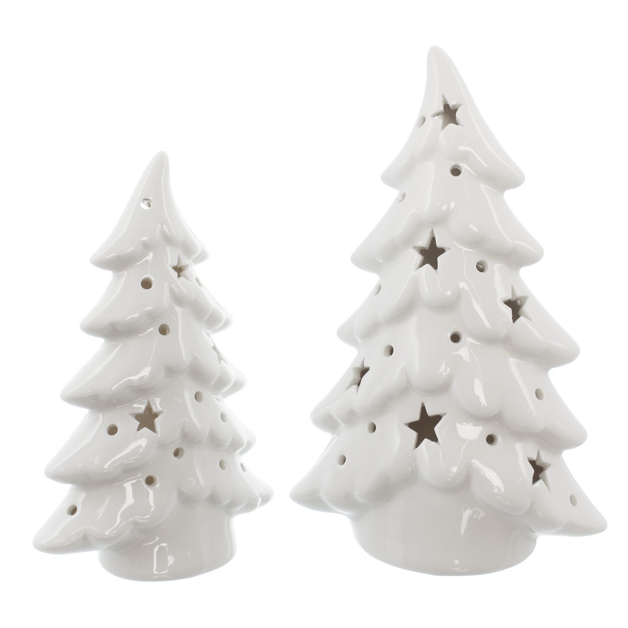 Dekoleidenschaft LED-Dekofigur Tanne aus Porzellan, hochglanz weiß, 15 + 19 cm hoch, Weihnachtsdeko (2 St., im Set), beleuchtet, Leuchtdeko, Dekofigur Tannenbaum, Mini Weihnachtsbaum