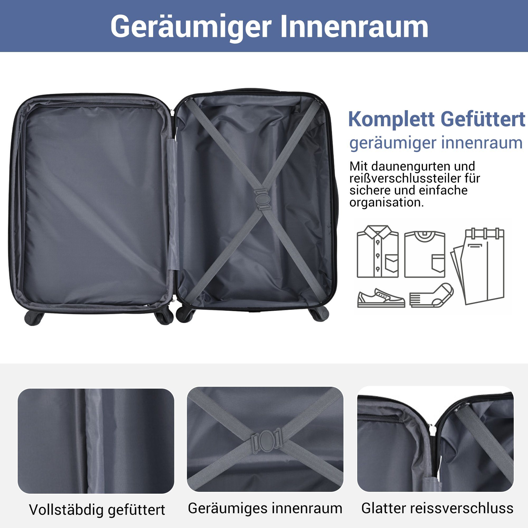 Odikalo Kofferset Rollkoffer ABS Hartschale Reisekoffer 4 Rollen schwarz/blau Handgepäck