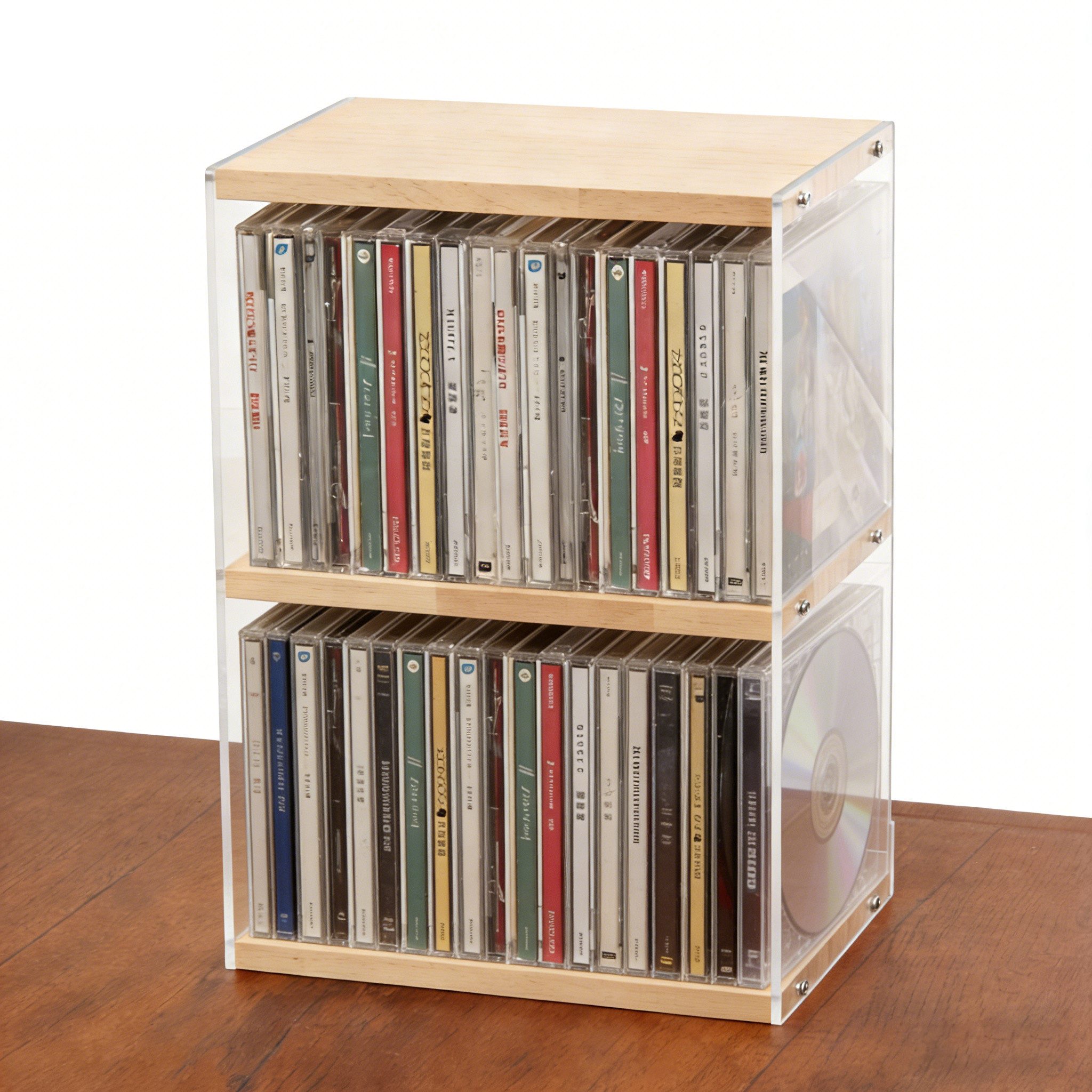 BlingBin CD-Regal 2-stufiger CD-Halter aus Holz und Acryl, CD-Aufbewahrung, 1er Set 1-tlg., Schreibtisch-Organizer für CDs, DVDs und Schallplatten, bis zu 40 CDs