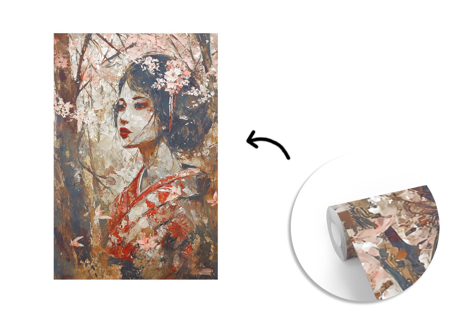 MuchoWow Fototapete Kimono - Frau - Kirschbäume, Matt, bedruckt, Montagefertig Vinyl Tapete, Wandtapete, 170x260 cm