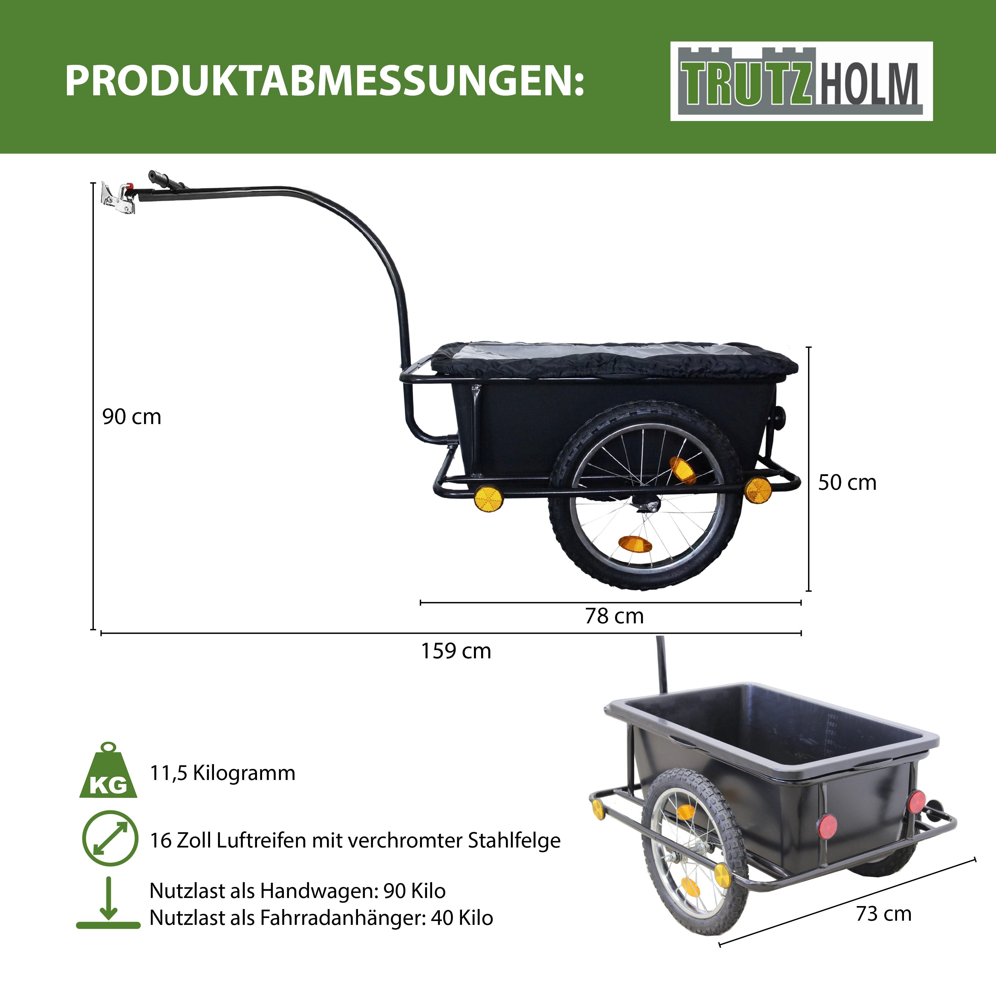 TRUTZHOLM bicycle cargo trailer with coupling, 90L capacity, tarpaulin, handcart, transport trailer, payload as a handcart: approx. 90 kg
