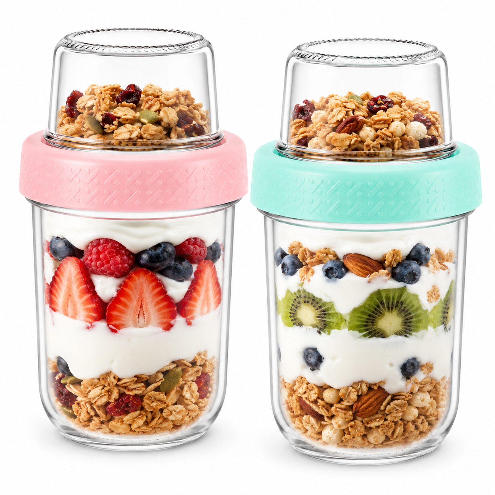 BlingBin Müslibox Müslibecher to Go, Overnight Oats Gläser mit Obere Fach, 480 ml+120ml, Glas, Silikon, (2er Set, 2-tlg., Produktabmessungen: 16 × 9 × 9 cm), Doppelwandiger Auslaufsicherer Joghurtbecher für Schule/Büro/Picknick