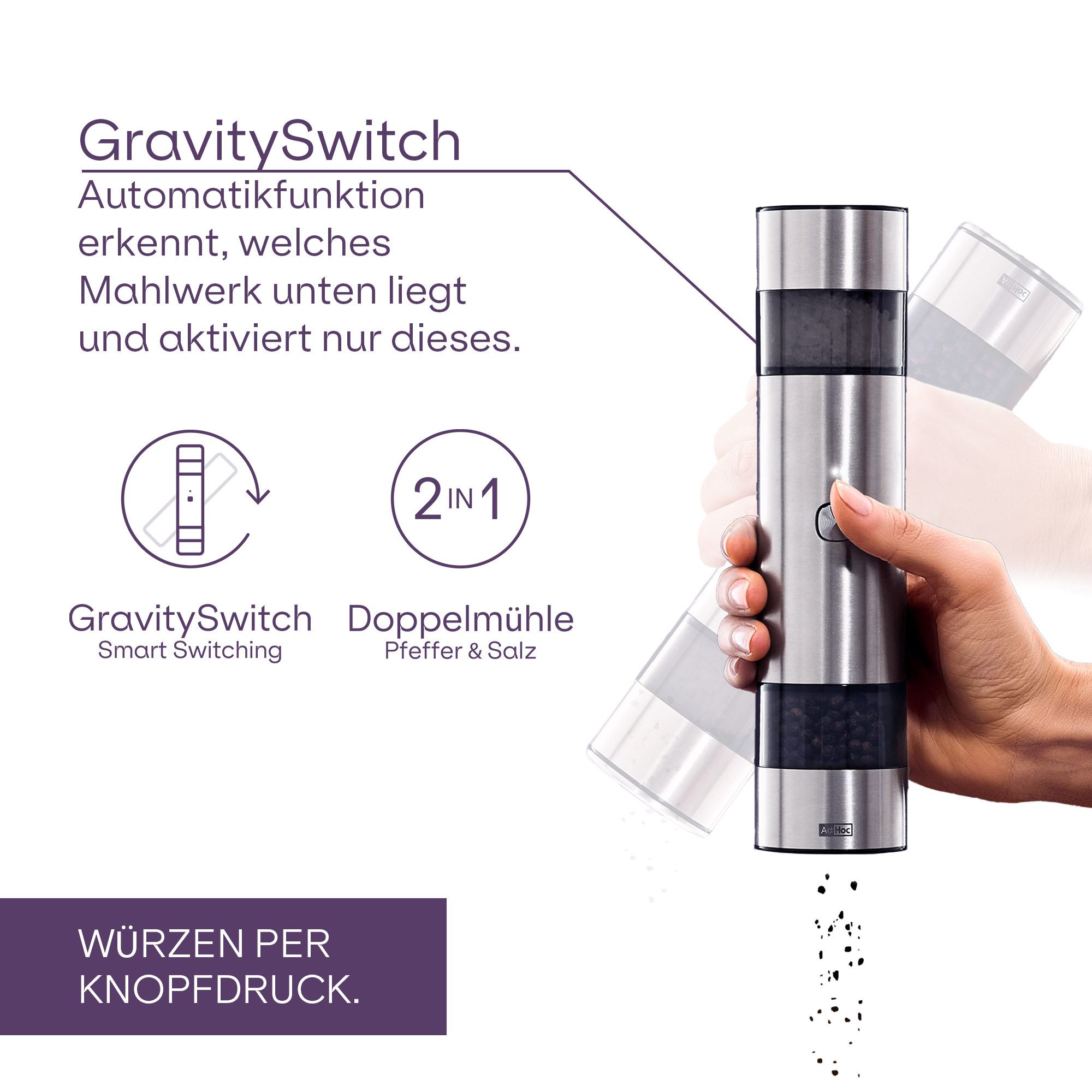 AdHoc Salz-/Pfeffermühle i.Mill Duo Akku, CeraCut® Ceramic-Mahlwerk, GravitySwitch-Automatik, SilentDrive-Motor – Bild 5 von 5
