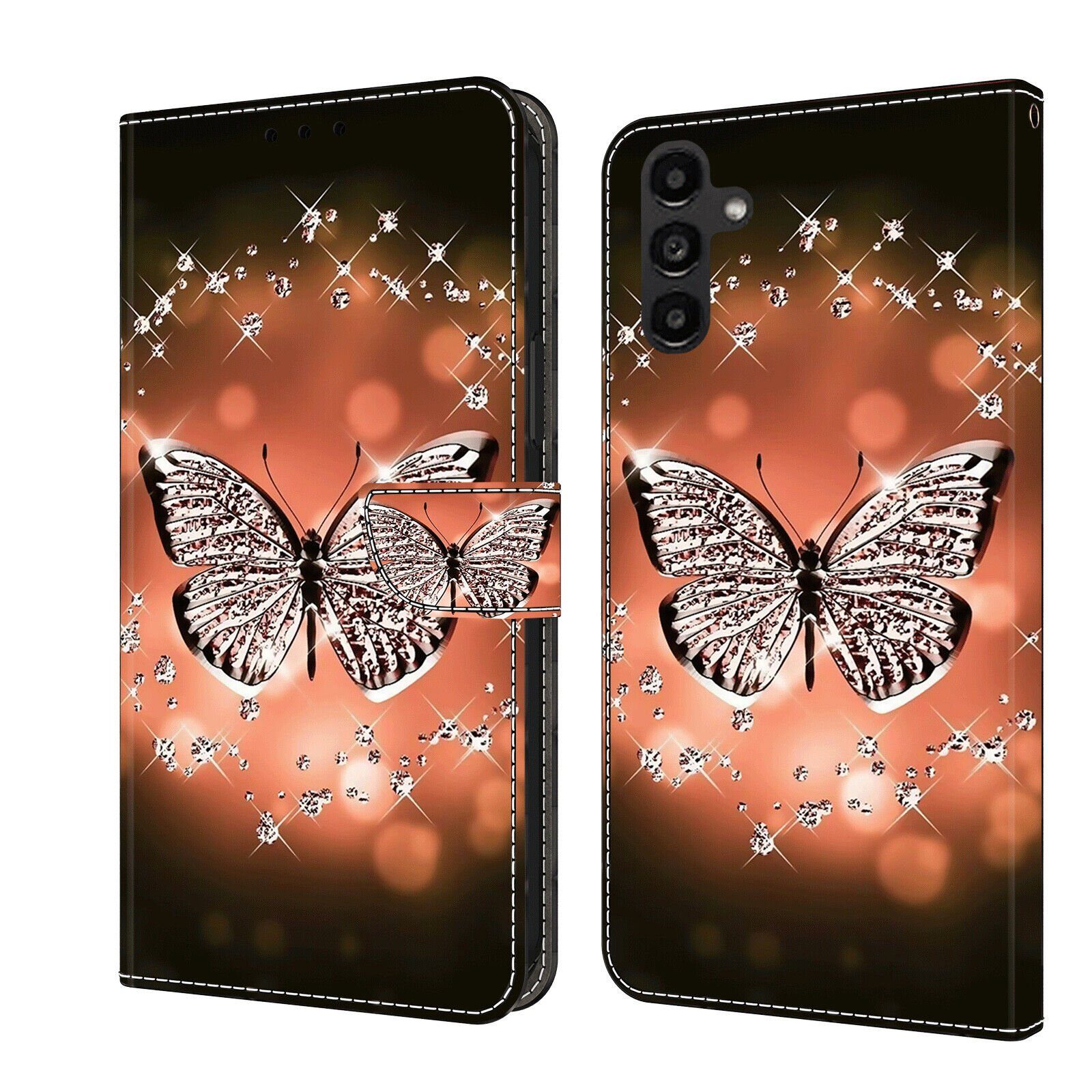 CLM-Tech Handytasche für Samsung Galaxy A16 / A17 5G Hülle aus Kunstleder Klapphülle (Schmetterling Diamanten Muster, Handyhülle mit Standfunktion - Wallet Flip Case inklusive Kartenfächer), Cover mit Magnetverschluss