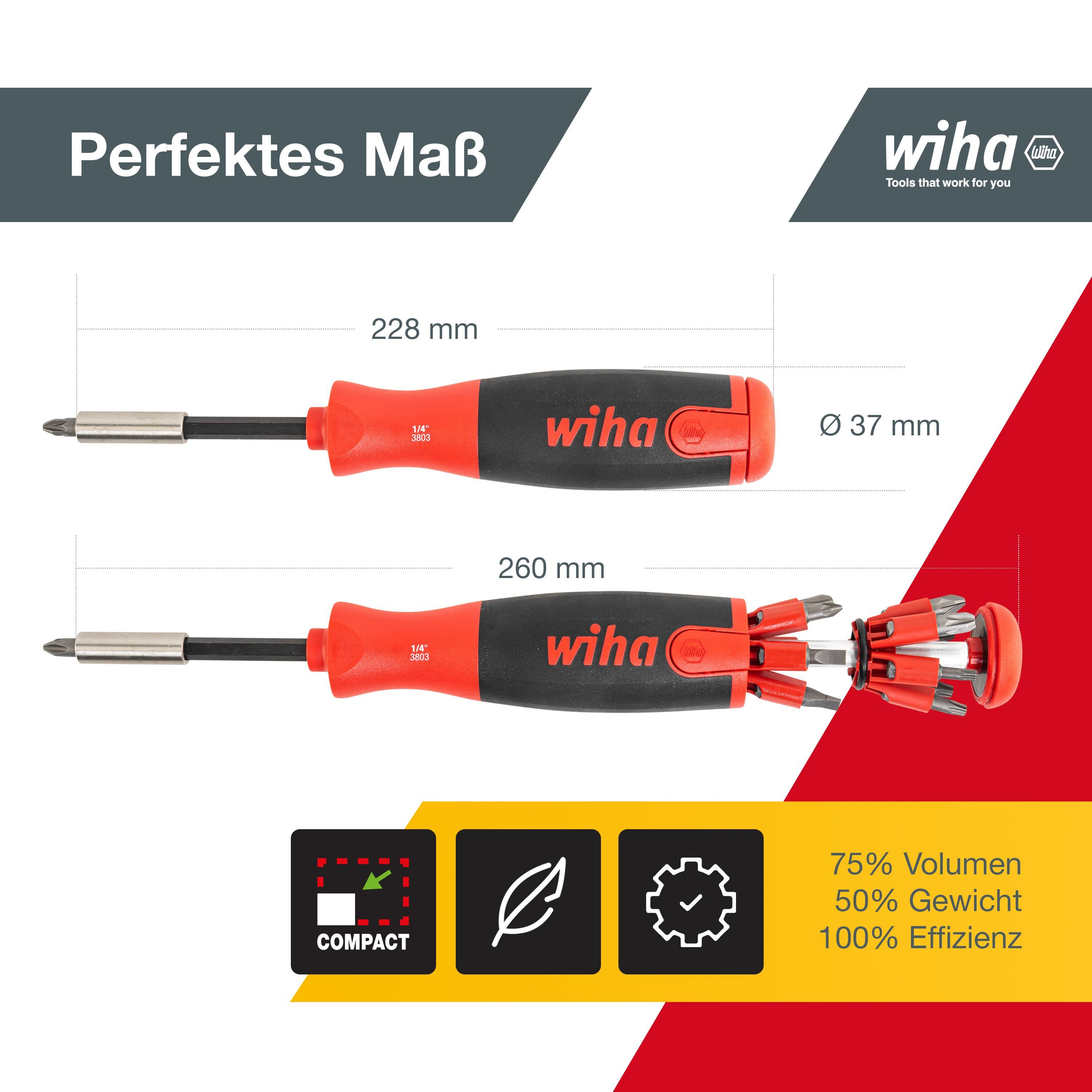 Wiha Schraubendreher LiftUp 25 (38605), mit Bit Magazin aus Standardbits, Bithalter Schlitz Kreuzschlitz TORX