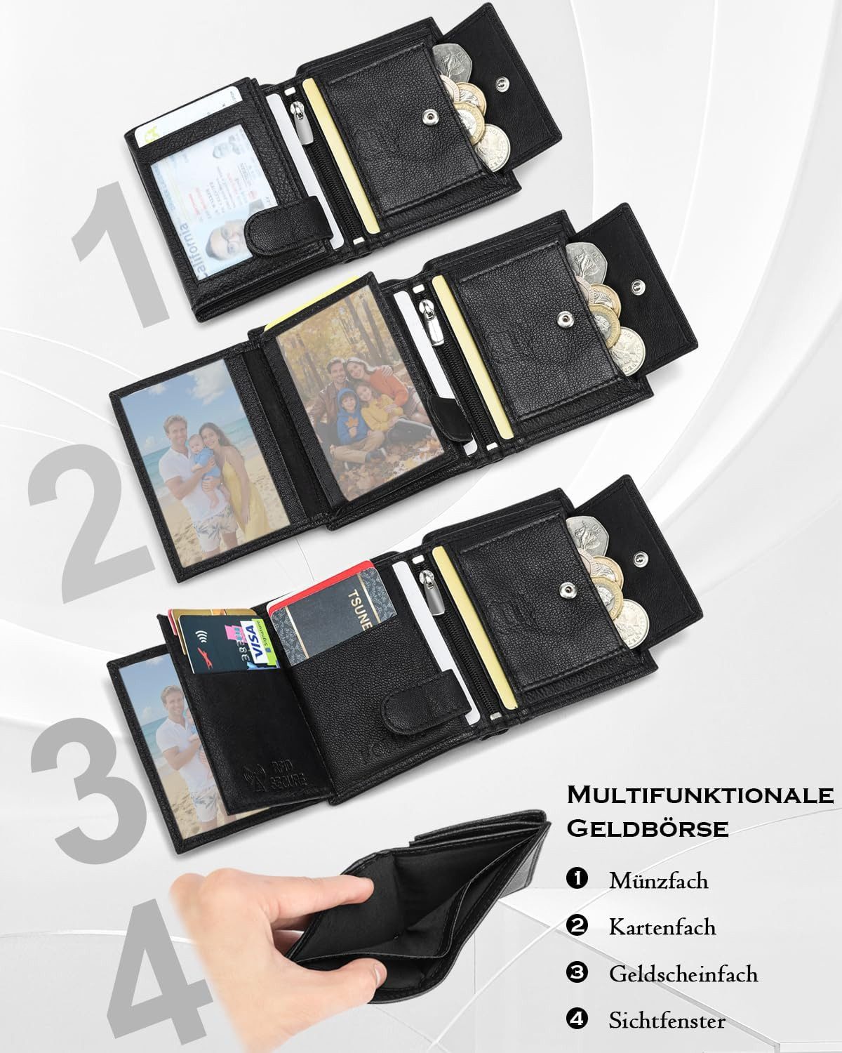 Fomax Geldbörse Mini-Format Herren aus echtem Leder mit RFID Schutz, 11 Kartenfächer, Hochformat, Schwarz, kompakt, praktisch und modern