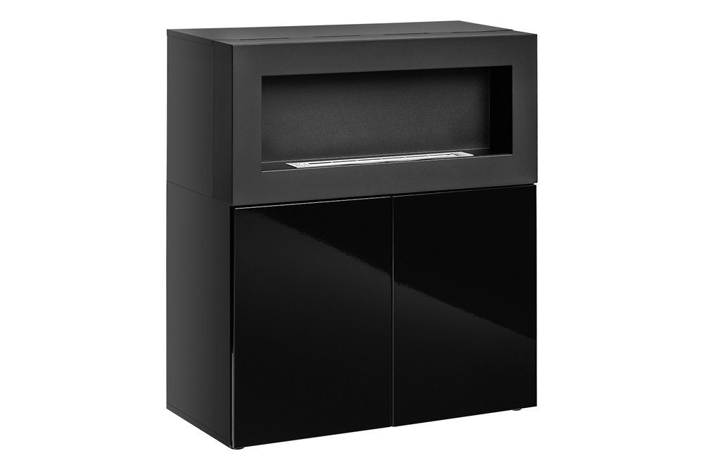 99rooms Highboard Camini Uni Schwarz Hochglanz, Schwarz Matt (Highboard, Wohnzimmerschrank), mit Kamin, viel Stauraum, aus Holzwerkstoff, Hochglanzfront