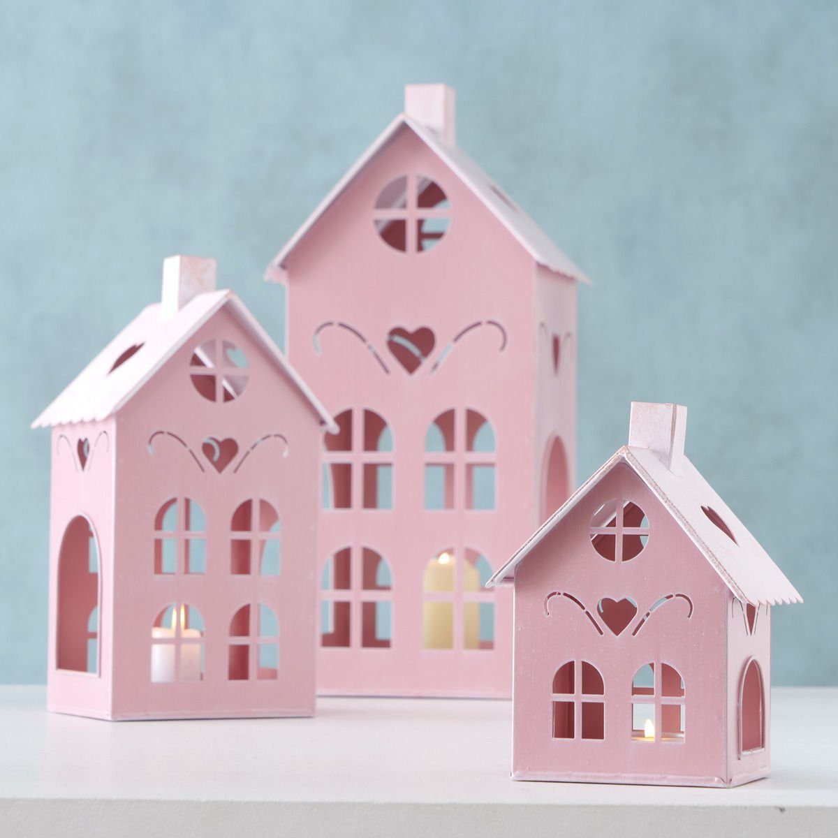 pink / in Set Metall / Haus 17 Herzen - Windlicht Spetebo KUFSTEIN Form cm Kerzenlaterne 26 3er 40 Laterne mit rosa,