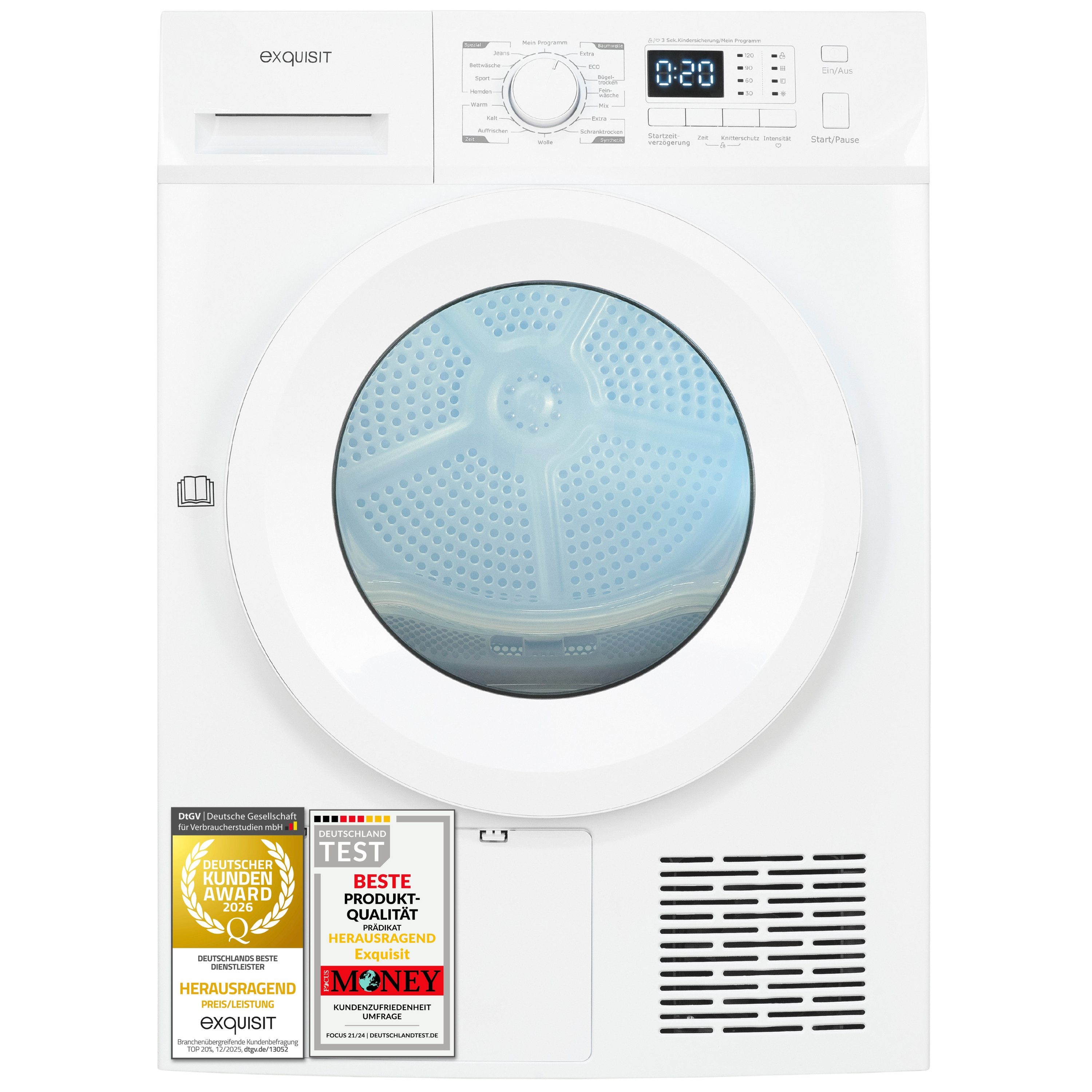 exquisit Wärmepumpentrockner TWP5701-030E, 7 kg Nennkapazität, 16 Programme, Energieklasse E, 67 dB
