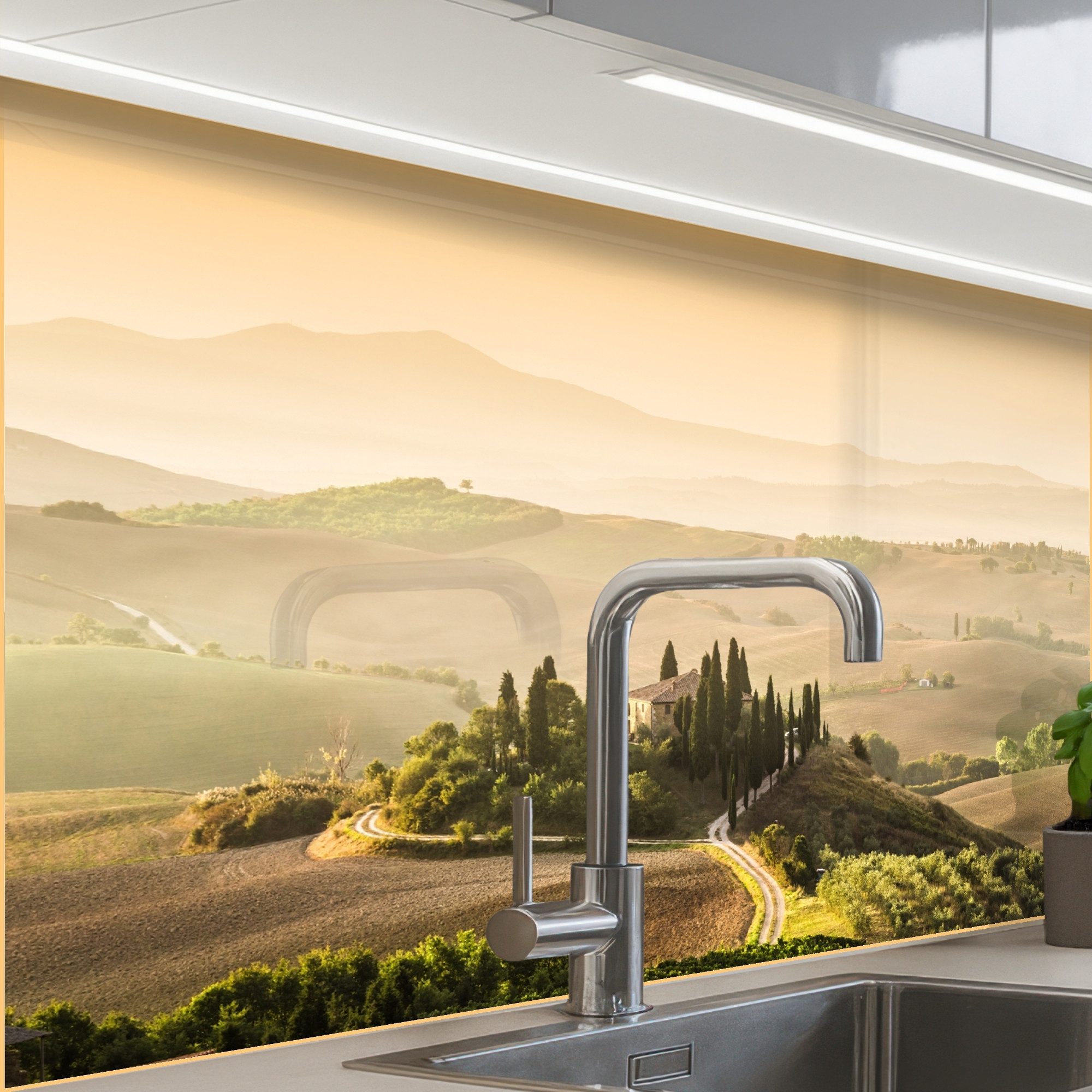 KitchenYeah Küchenrückwand Muster selbstklebend (keine Folie) Landschaft - Toskana - Morgenlicht, (1-tlg), Spritzschutz, Küche, Rückwand, Küchenwand, Küchenfront, 30x20 cm