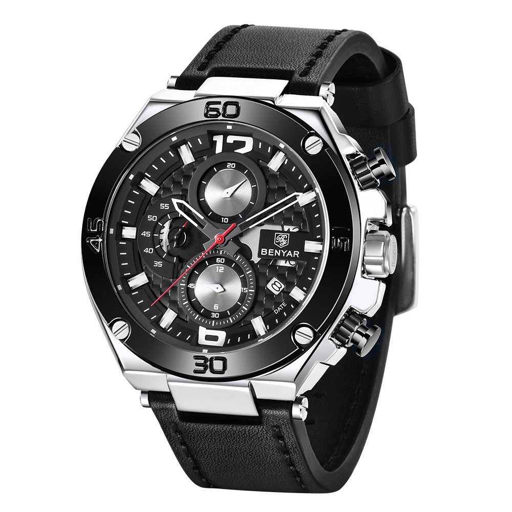 GelldG Uhr Herrenuhr Quarzwerk Chronograph Lederarmband und wasserdichte Casual Weiß, Schwarz