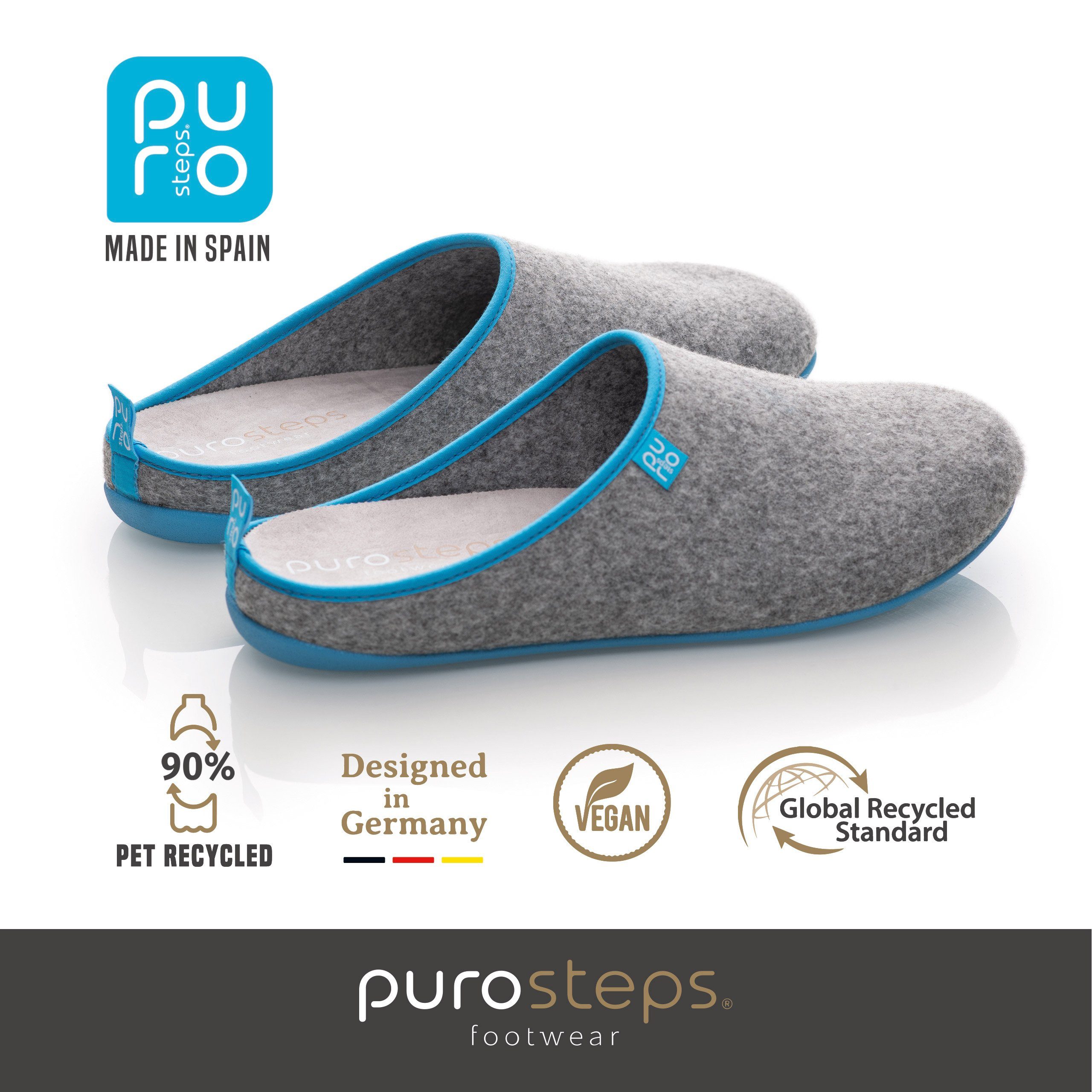 purosteps Fieltro-Eco Hausschuh Hergestellt aus recycelten PET Flaschen, Handgefertigt, Naturkautschuk
