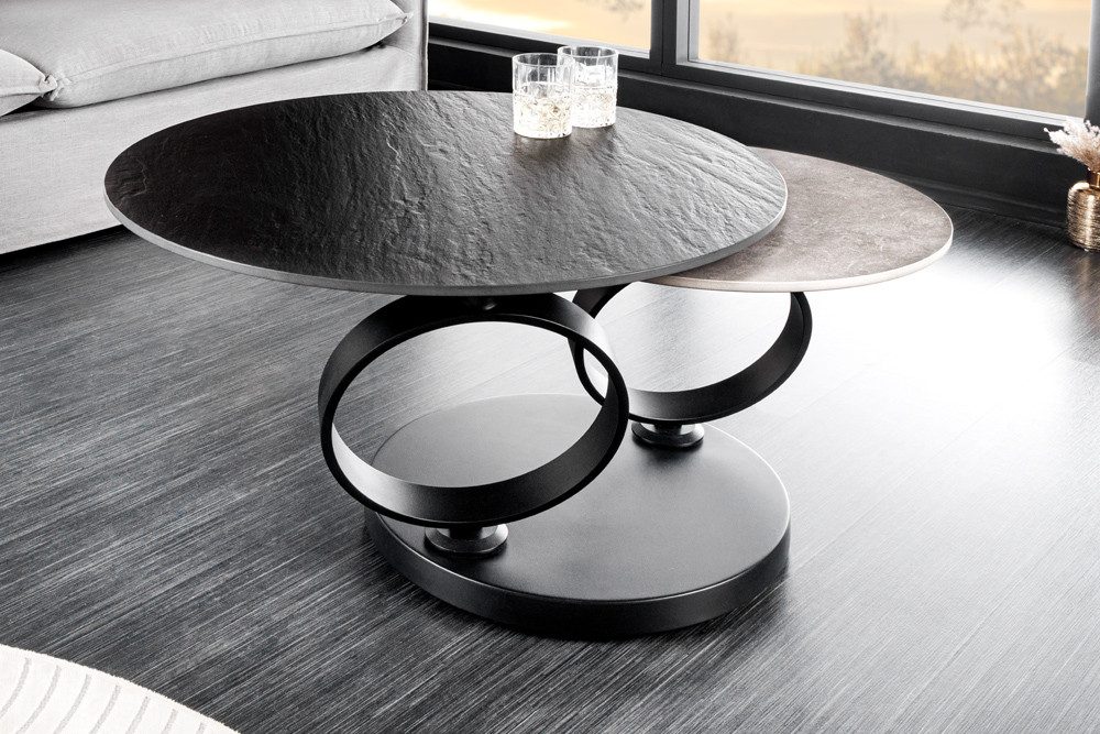 riess-ambiente Couchtisch DANCING RINGS grau/schwarz - rund, Keramik, drehbar, Metall (Einzelartikel, 1-St), mit 2 Ebenen & Drehmechanismus – ideal für Wohnzimmer & Loungebereich