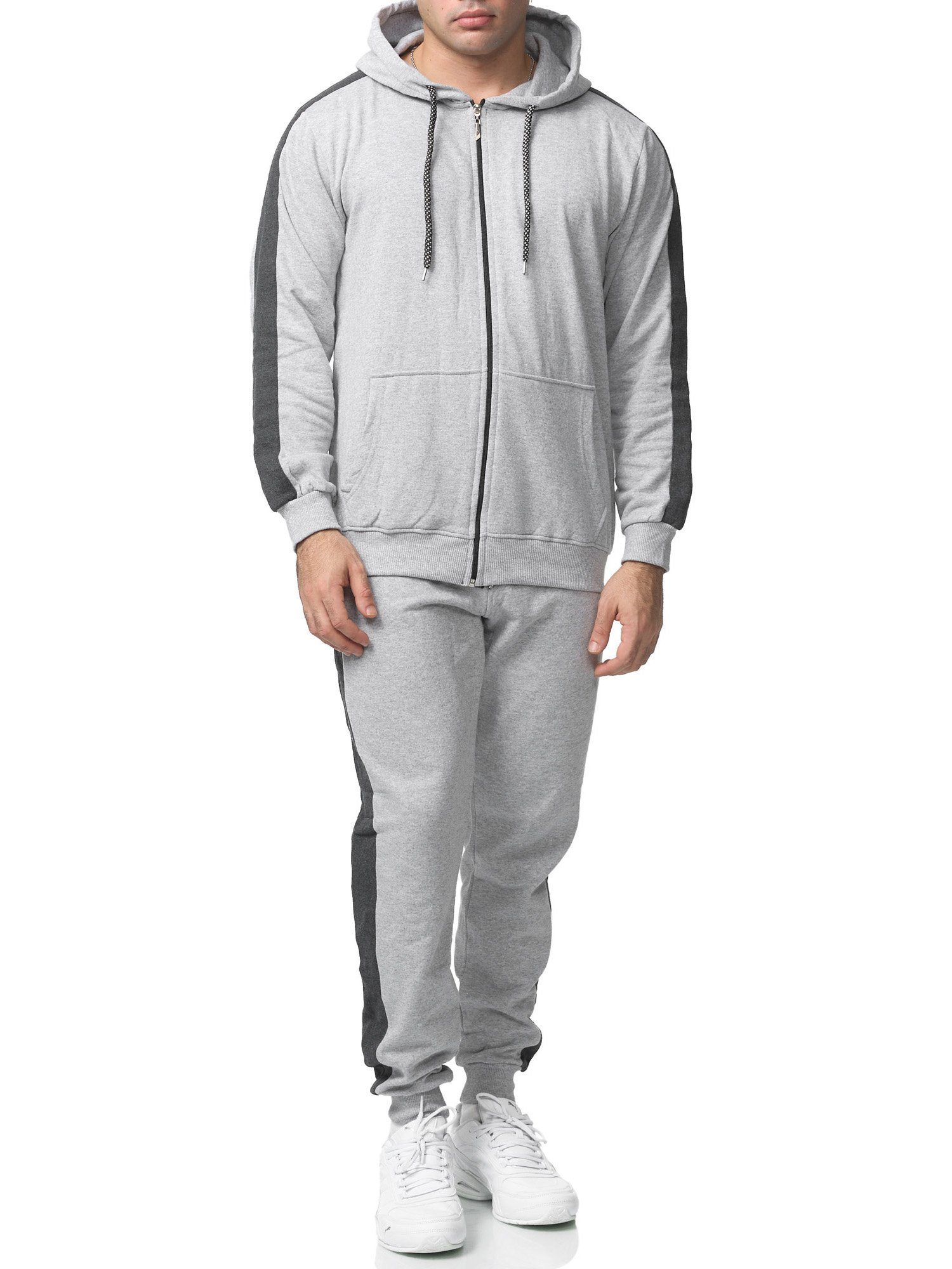L.gonline Freizeitanzug Herren Jogginganzug zweifarbig sportlich mit Streifen, 526 (Kapuzenjacke mit Reißverschluss, Hose, 2-tlg), Fitness Freizeit Casual