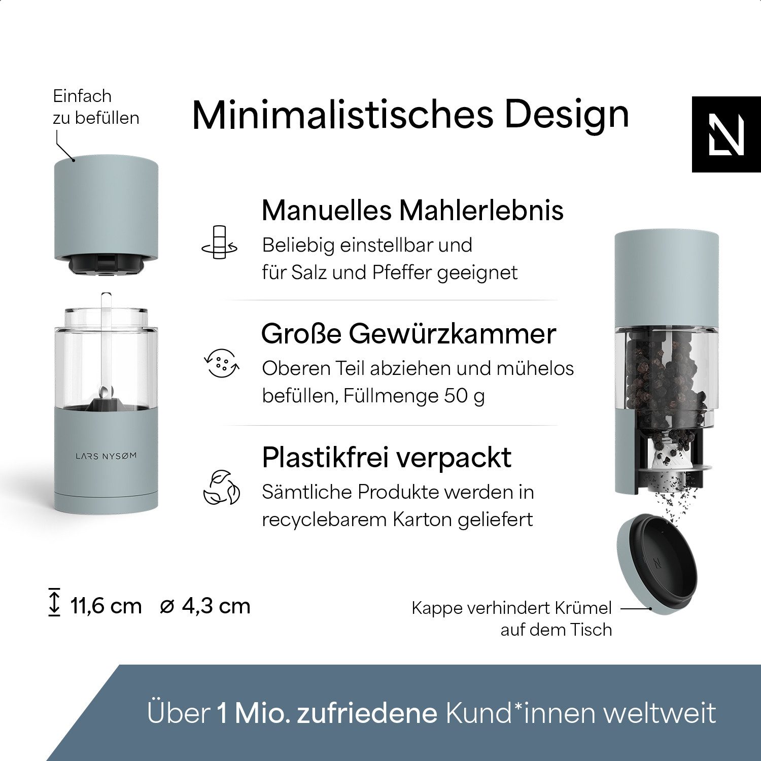 LARS NYSØM Gewürzmühle Sjæl manuelle Bedienung, (2 Stück), Edelstahl Gewürzmühlenset mit Keramikmahlwerk (Stufenlos) – Bild 4 von 5