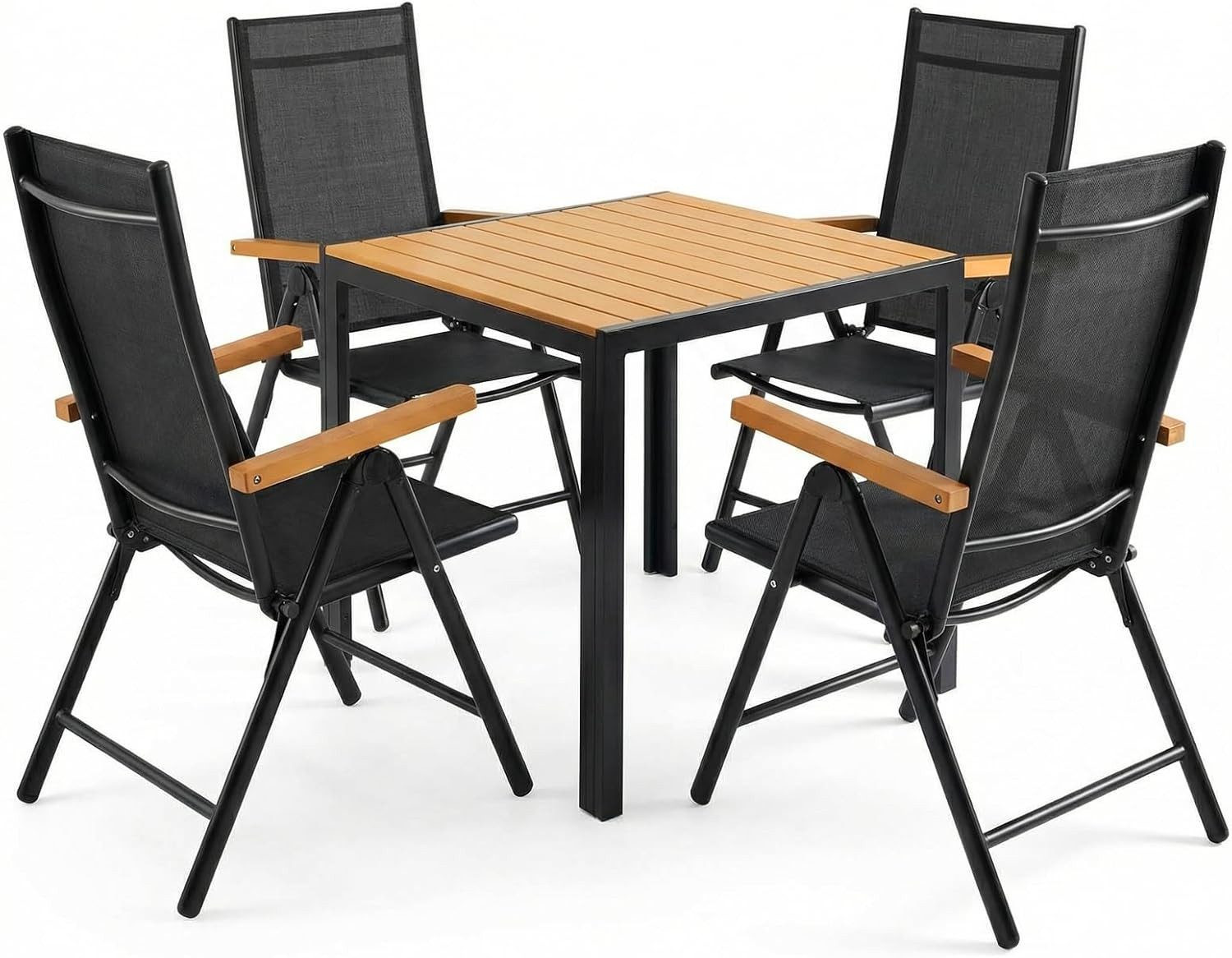 TLGREEN Garten-Essgruppe 3/5-Teiliges Gartenmöbel Set,Aluminium Balkonmöbel Set, (5-tlg., Verstellbare Hochlehner Klappstühle+WPC Quadratisch Tisch)