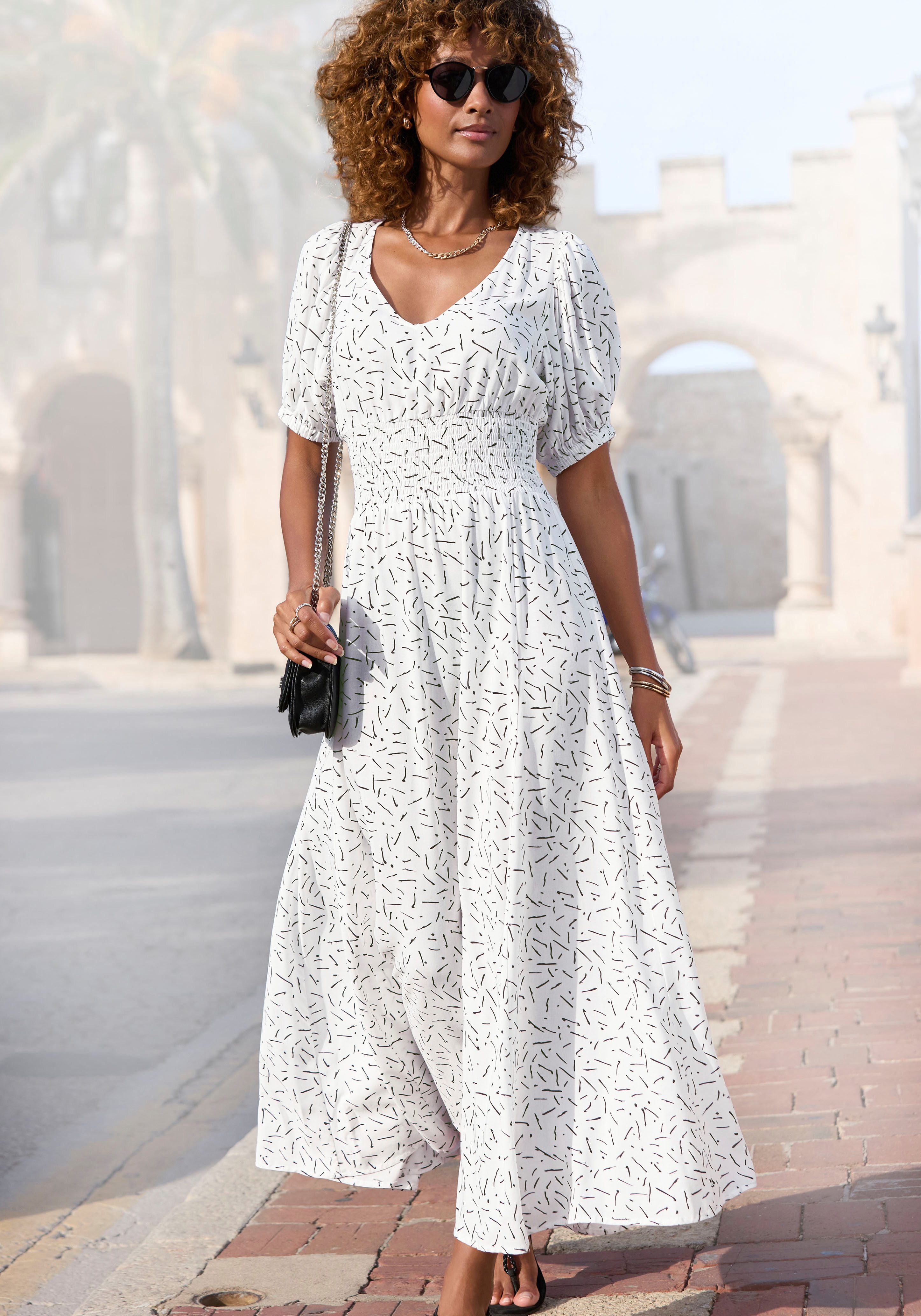 LASCANA Maxikleid mit Alloverdruck und V-Ausschnitt aus Webware Sommerkleid mit Puffärmeln, Elegantes Webkleid, Strandkleid