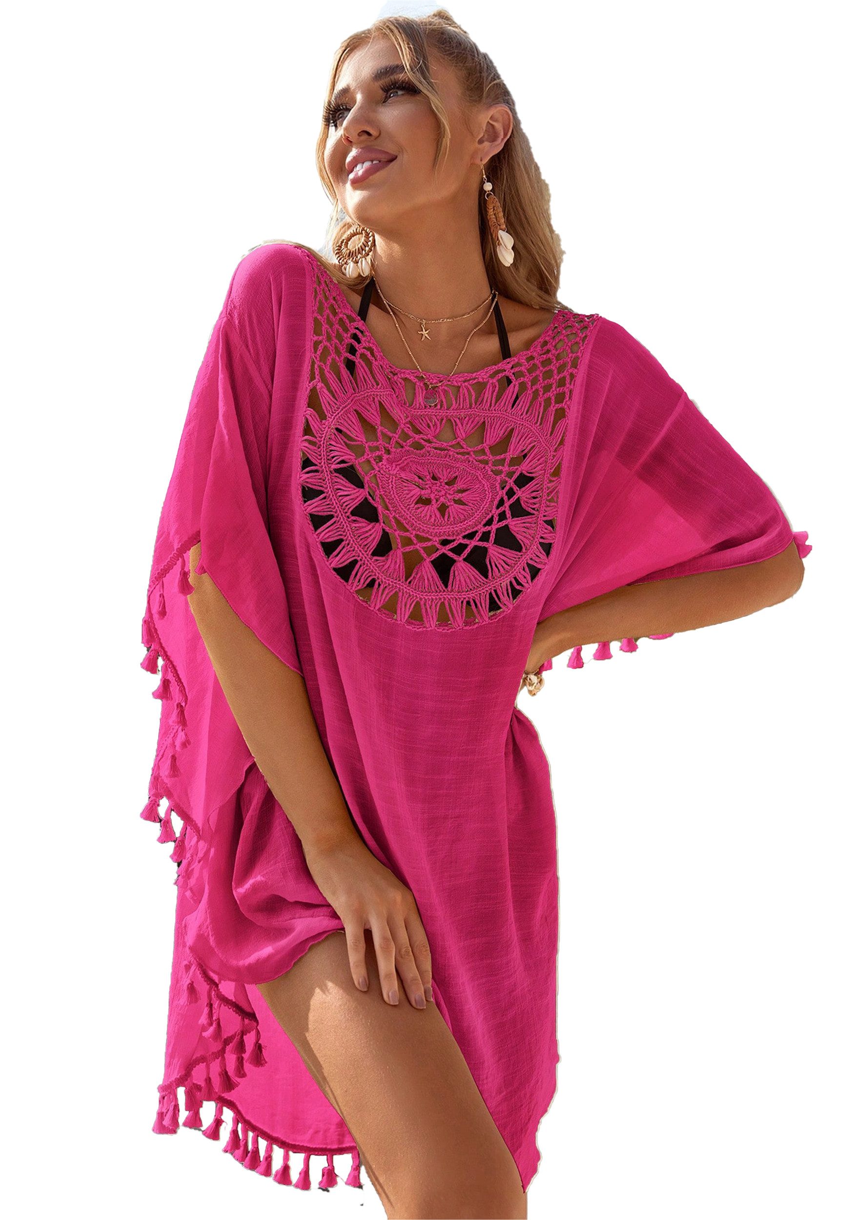 Mutig Strandkleid Damen Strandkleid, Bikini Cover Up,Boho-Stil Strandurlaub Badeanzug (aushöhlen, elegante handgefertigte Häkelarbeit mit Fransen, Sommer Strandponcho, Leichter Bikini Überwurf für Strand & Urlaub) Beste Übereinstimmung für Bikini, Shorts, Badeanzug usw