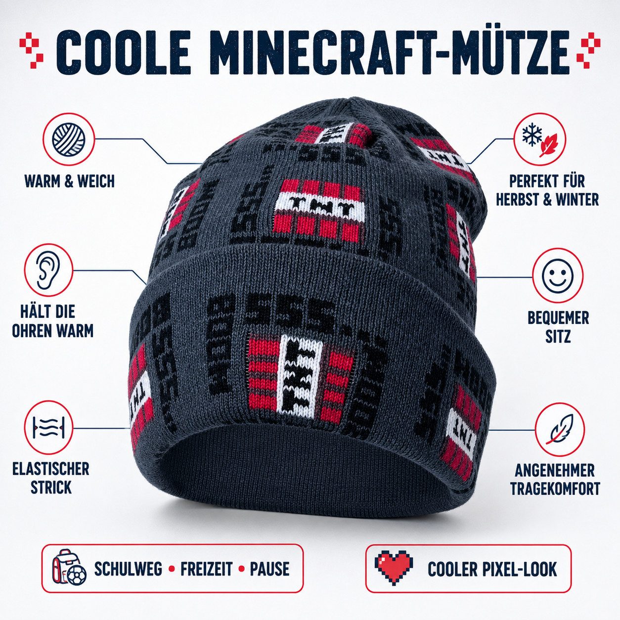 Minecraft Strickmütze MINECRAFT KINDER MÜTZE JUNGEN UND MÄDCHEN 54 + 56 – Bild 5 von 5
