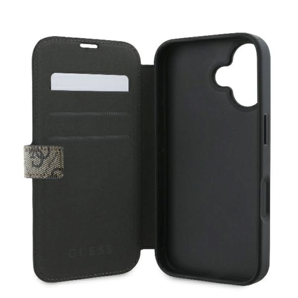 Guess Handyhülle Bookcase iPhone 16 Plus braun Logo goldfarben aufstellbar 6,7 Zoll, Kantenschutz