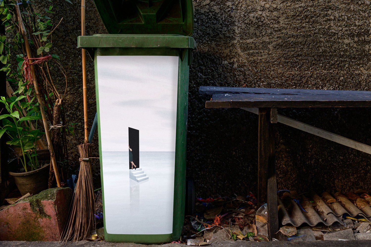 Mülleimer-aufkleber, - Tür - Wandsticker Abstrakt St), MuchoWow - Sticker, Treppe (1 Frau Mülltonne, Abfalbehälter Container,