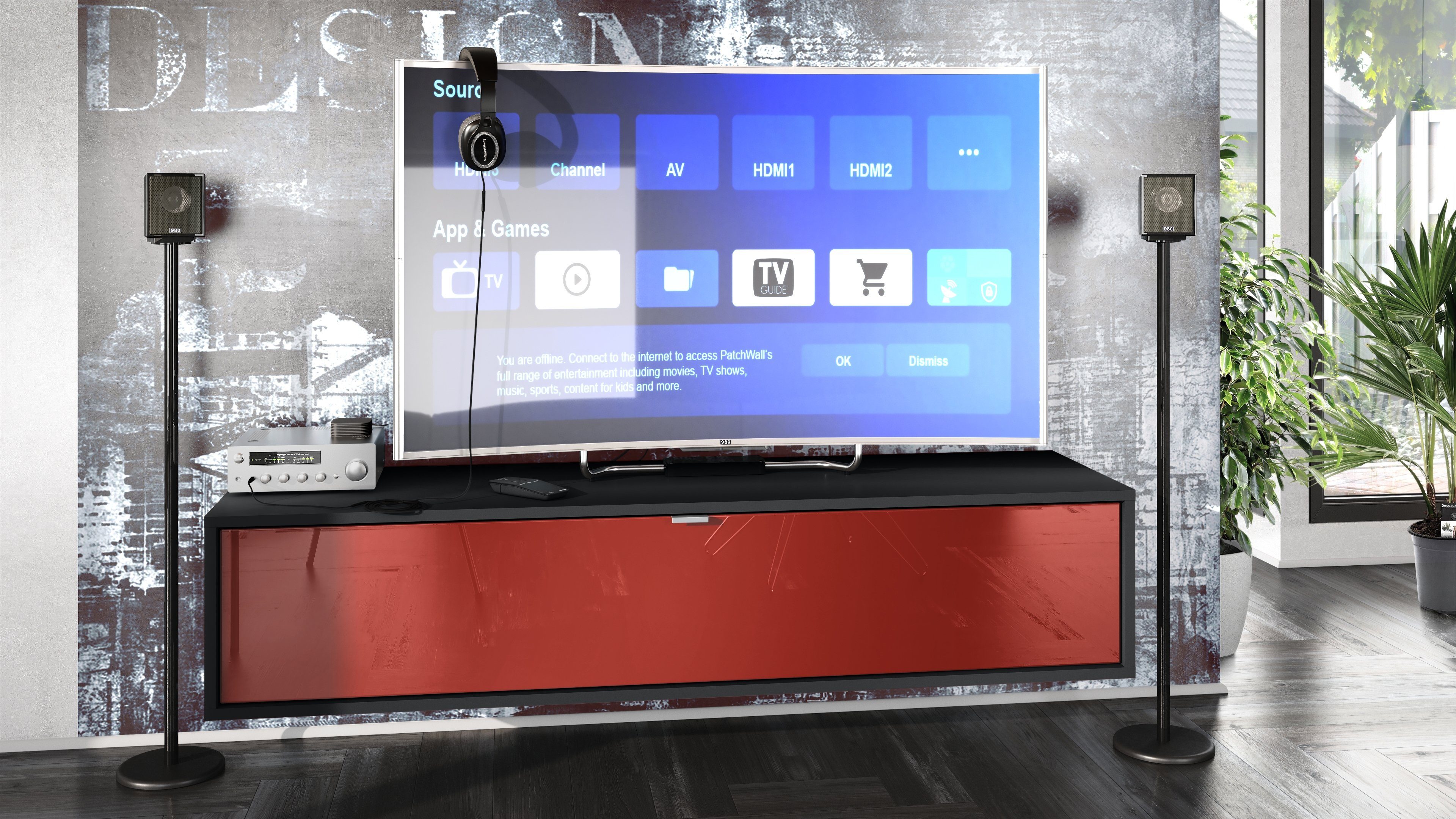 Vladon Lowboard Lana 1400 (TV-Kommode, mit Klappe dahinter 3 Fächer), Schwarz matt/Bordeaux Hochglanz (140 x 29 x 37 cm)