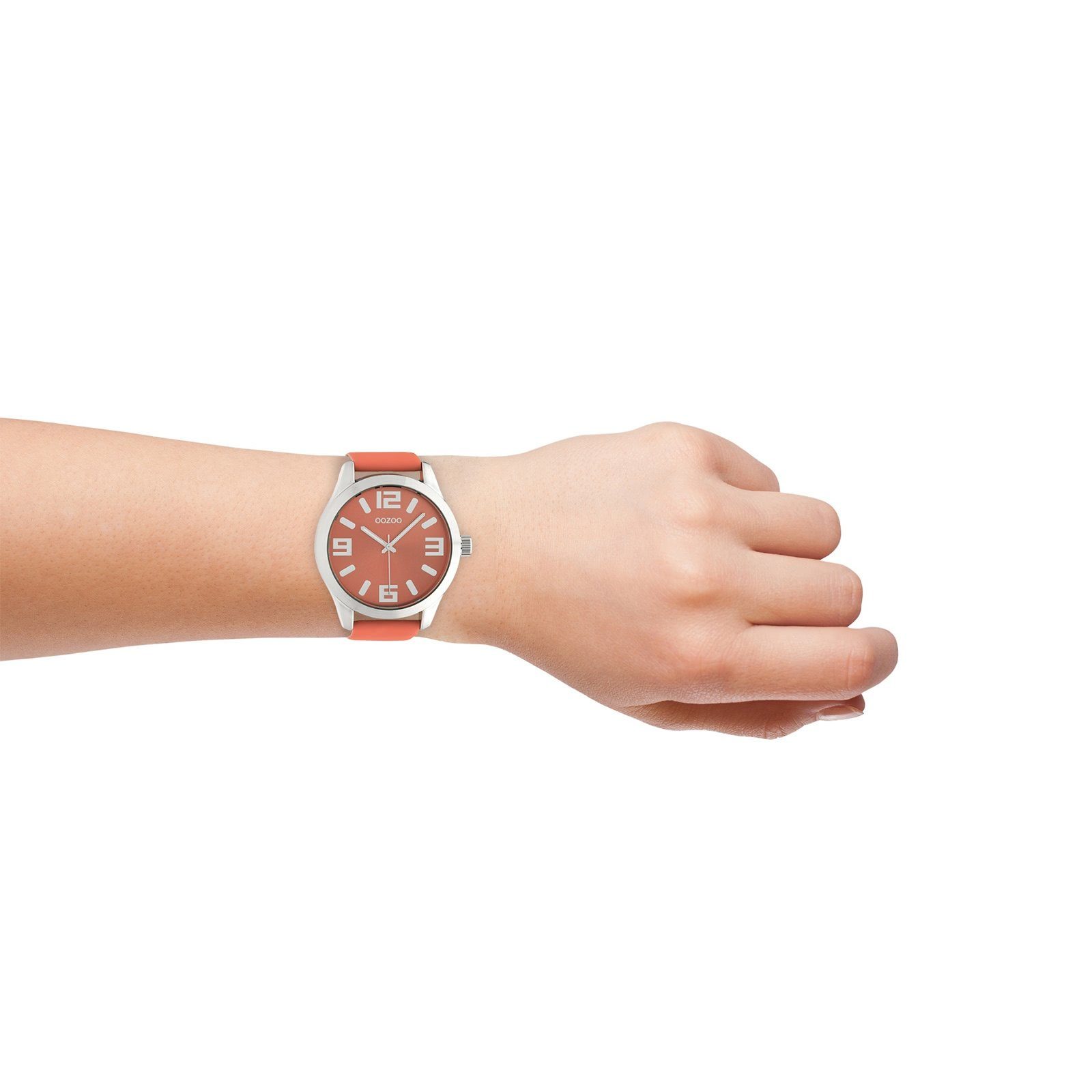 OOZOO Quarzuhr Armbanduhr Analog, rund, Damenuhr (ca. Damen extra Oozoo Lederarmband, groß Orange Fashion-Style 47mm)