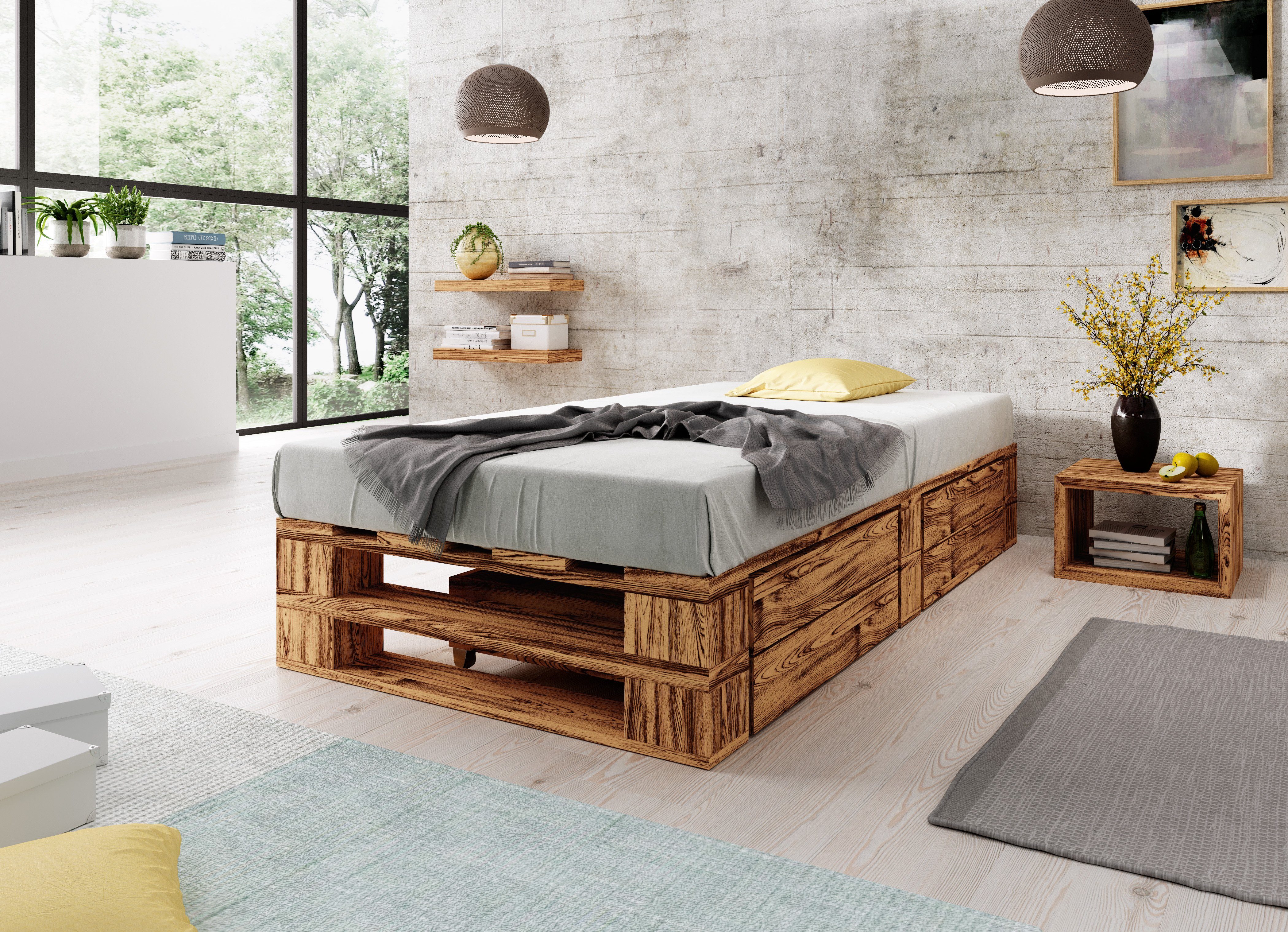 sunnypillow Palettenbett M2 aus Holz mit Lattenrost und 2 Bettkästen, 90 x günstig online kaufen