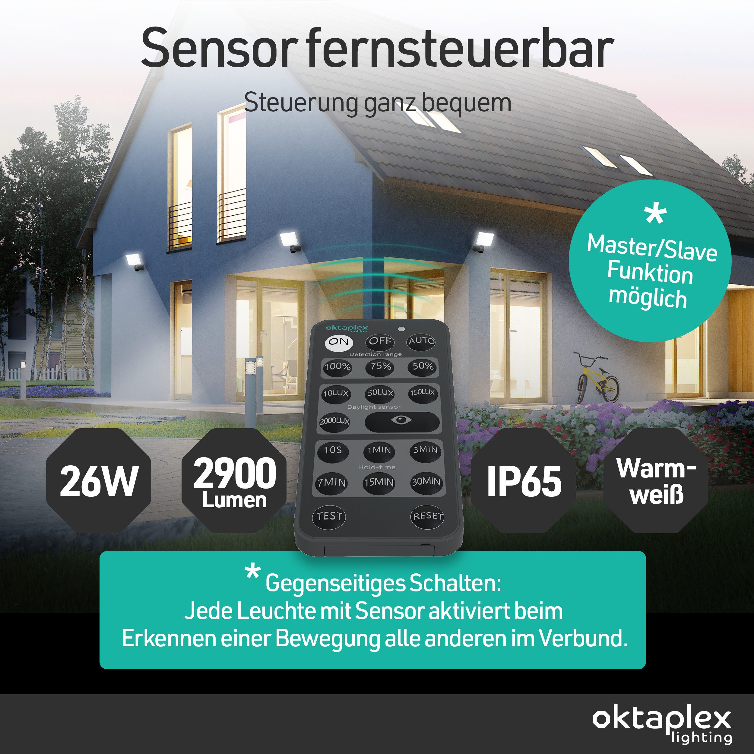 Oktaplex lighting LED Außen-Wandleuchte Cali Außenstrahler mit Bewegungsmelder 8m / 240 Grad IP65, dreh- und schwenkbar, inklusive Leuchtmittel, warmweiß, 3000K 2900lm Außenlampe 26W anthrazit