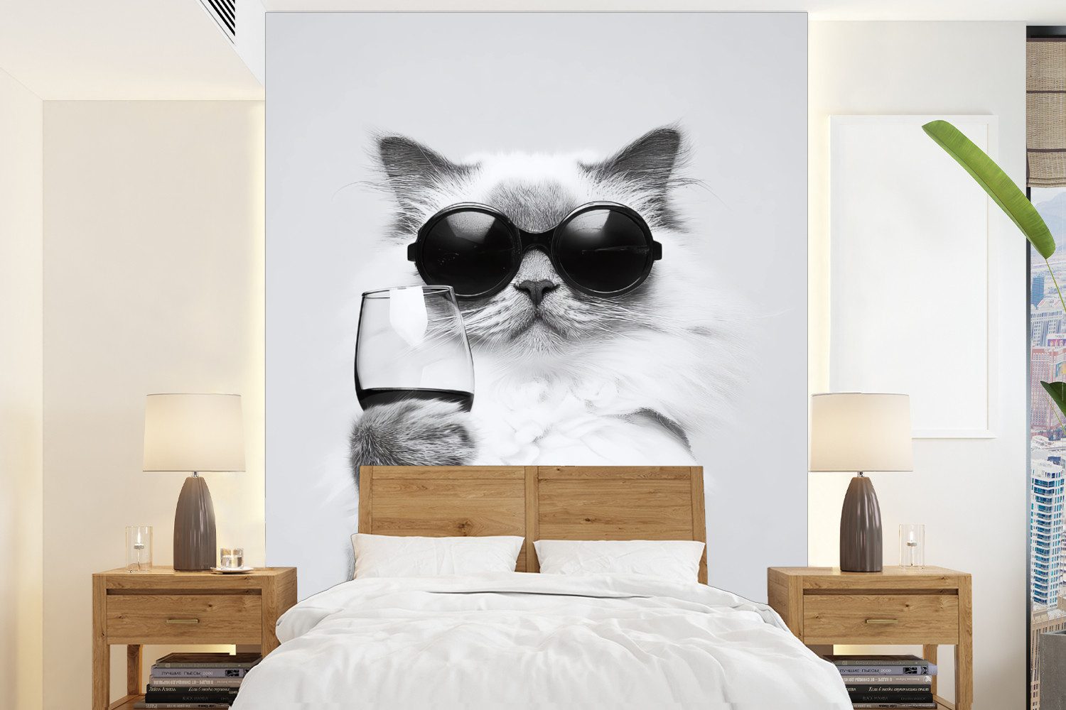 MuchoWow Fototapete Katze - Sonnenbrille - Weinglas - Langhaarig, Matt, bedruckt, Wallpaper für Wohnzimmer, Schlafzimmer, Vinyl Tapete, 165x220 cm