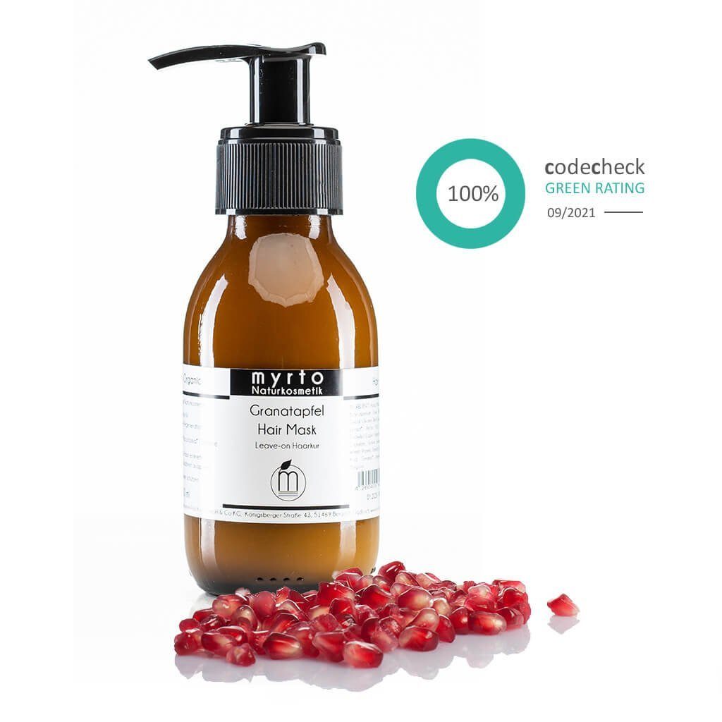 myrto Naturkosmetik Haarbalsam Bio Hair Mask Granatapfel - Leave-on Haarmaske für strapaziertes Haar, ohne Alkohol, emulgatorfrei, naturreine ätherische Öle, vegan
