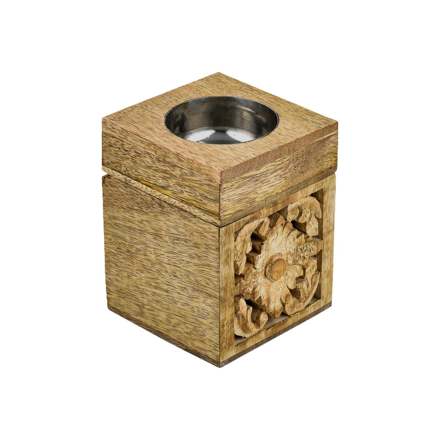 Marrakesch Orient & Mediterran Interior Teelichthalter Boho Holz-Kerzenleuchter Lounis modern aus Mangoholz in Braun 10 cm (1 St), Handarbeit
