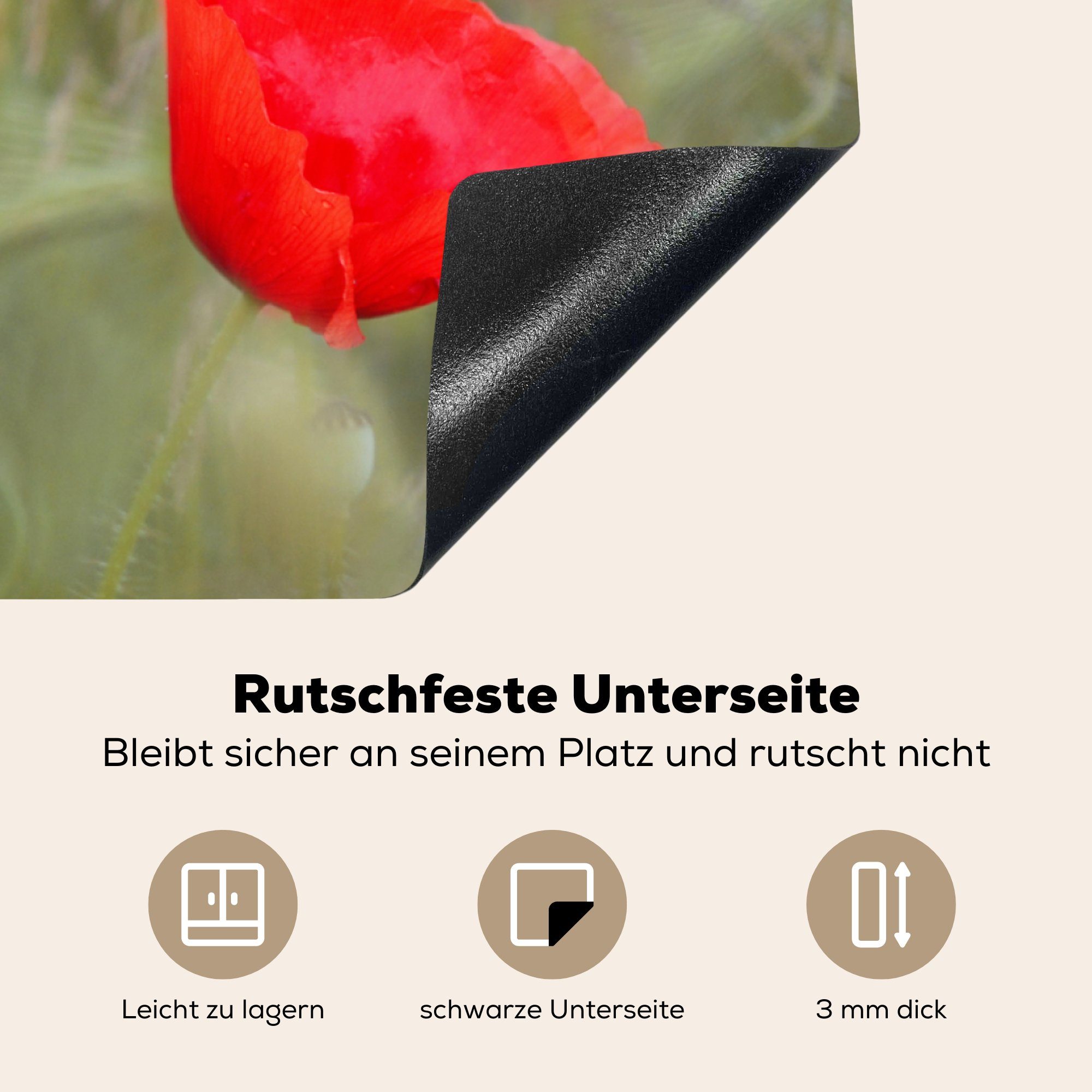 MuchoWow tlg), Mohnblumen im cm, Gras, Vinyl, 78x78 für Ceranfeldabdeckung, Rote Arbeitsplatte küche (1 Herdblende-/Abdeckplatte