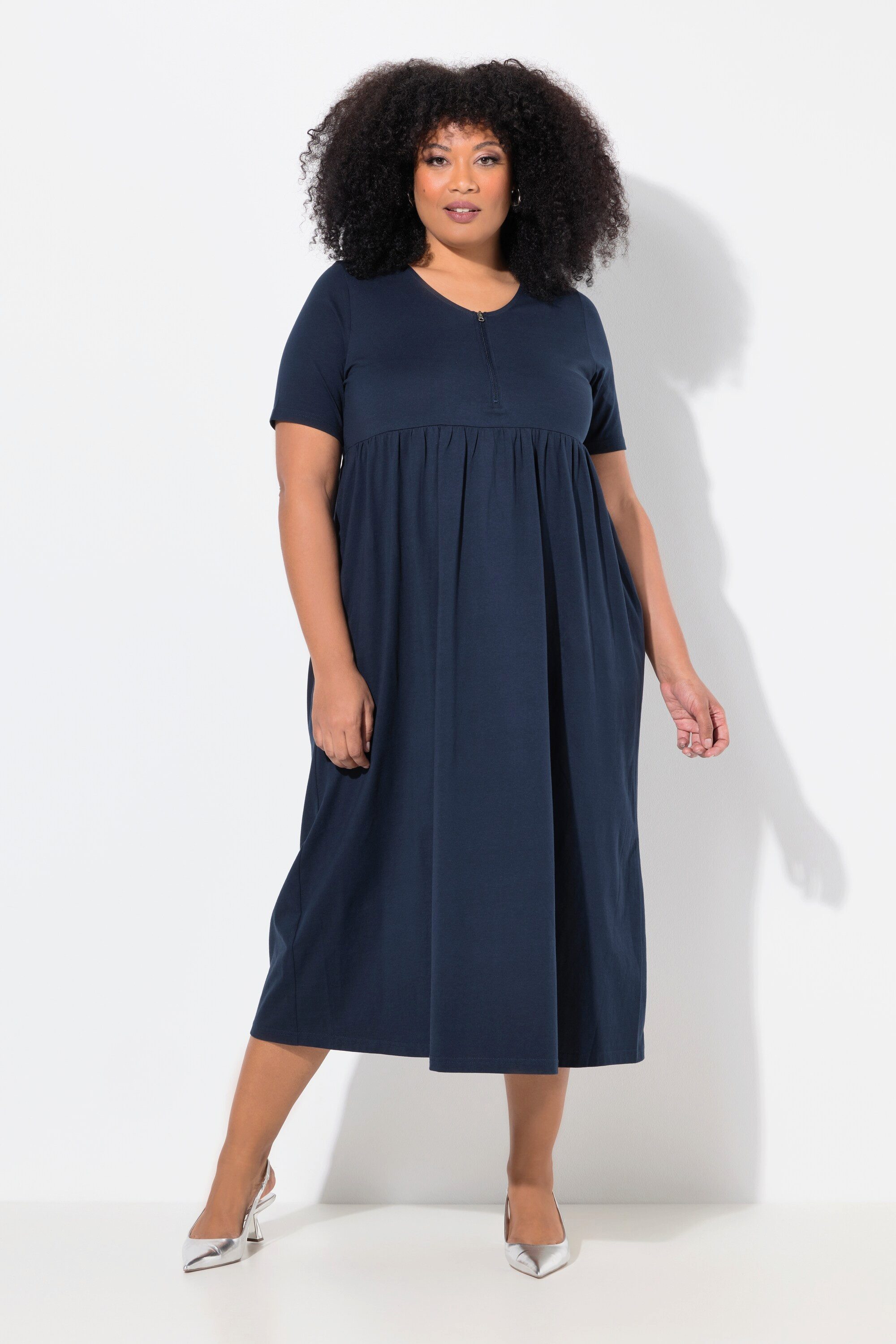 Ulla Popken Maxikleid Maxikleid A-Linie Zipper V-Ausschnitt Halbarm