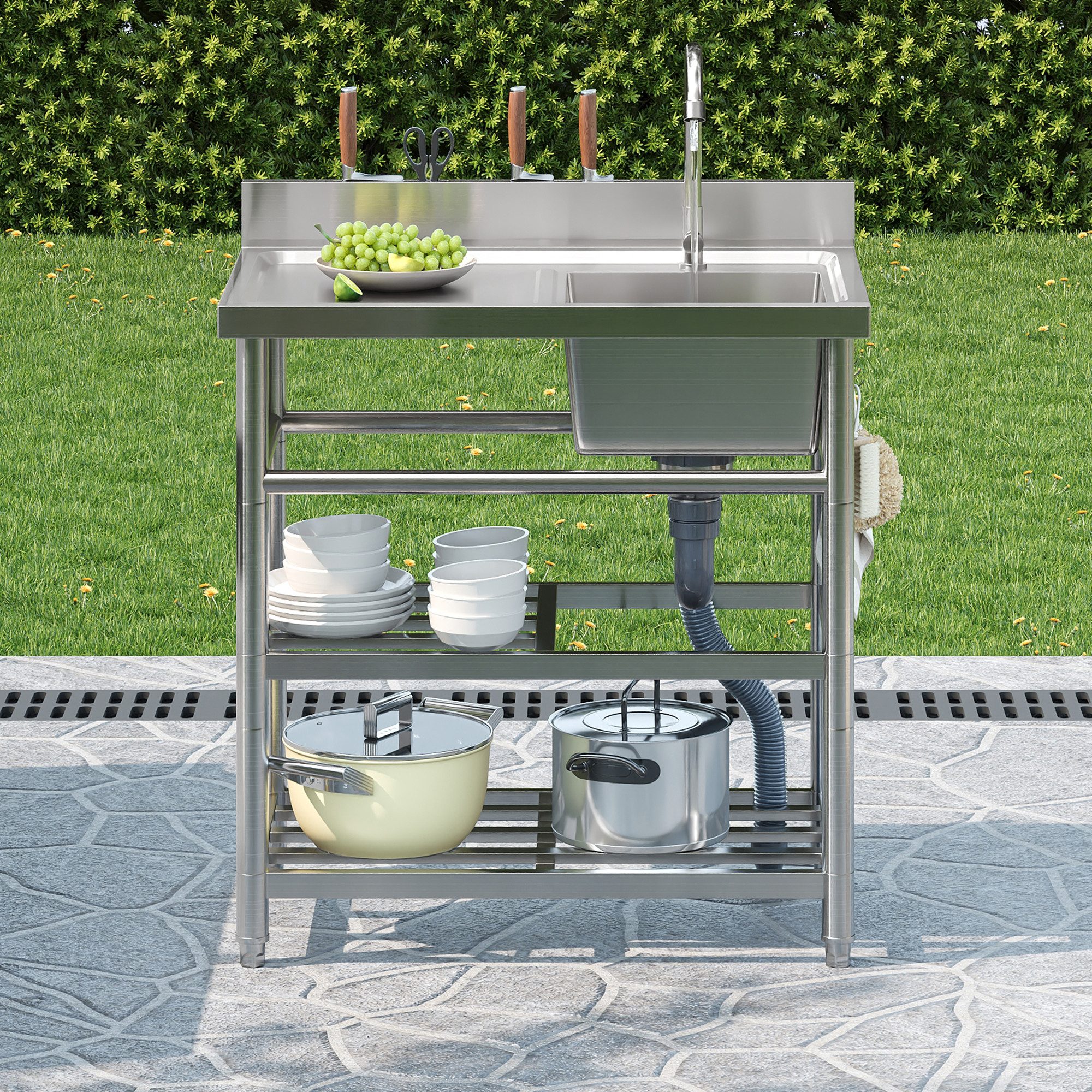 Flieks Outdoor-Küchenmodul Küchenspüle Edelstahlspüle mit Wasserhahn & U-förmiges Abflussrohr (80×50×107 cm, Garten-Waschtisch mit 2 Ablagen, Messerhalter und 4 Haken) Outdoorspüle Gartenspüle Campingspüle Messespüle Edelstahl Silber