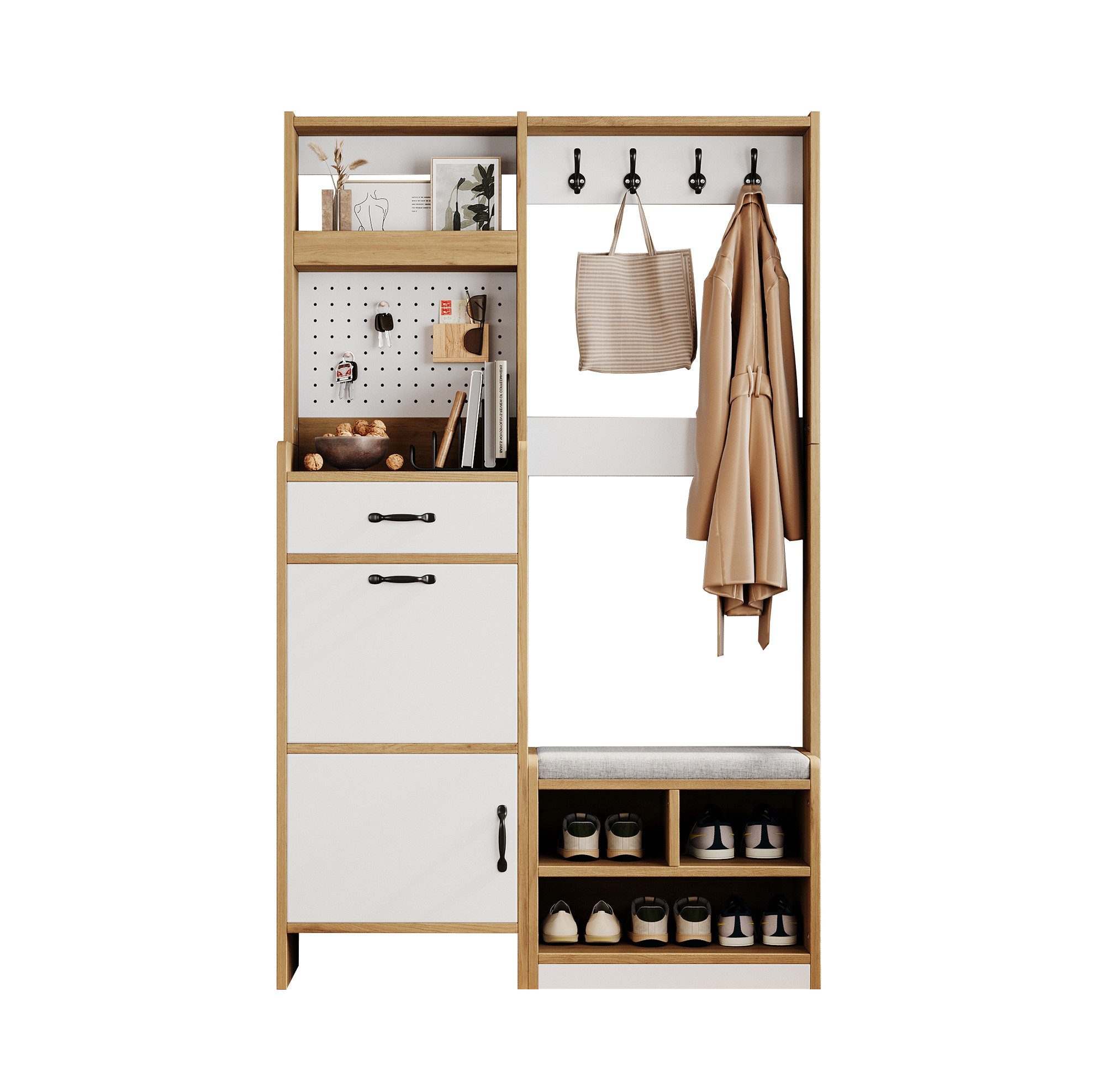 OKWISH Garderoben-Set Moderne Flurgarderobe, (mit Sitzbank und Schuhkipper, stabilem Holzwerkstoff, Kippsicherung sowie durchdachtem 6-in-1 Stauraumsystem für Jacken, Schuhe und Accessoires, 1-St., B108.5/D35/H180 cm), Flurschrank, Hängeschrankregal