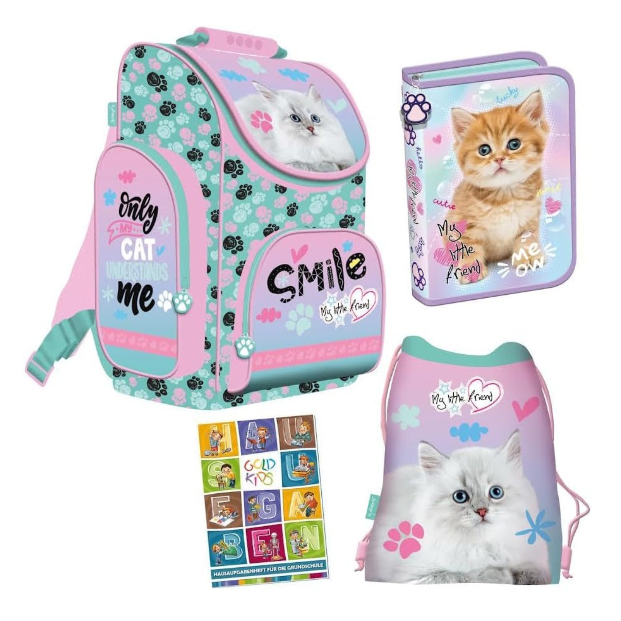 GOLDKIDS Ранці My Little Friend (Set Ranzen Federmappe Turnbeutel, 1-tlg., Aufgabenheft Pastel Cat Katze), 4-teilig