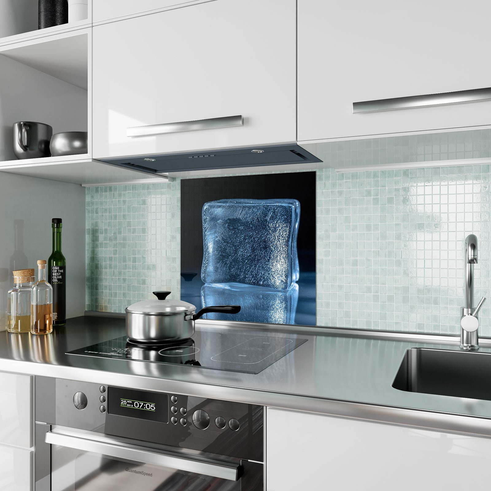 Primedeco Küchenrückwand Motiv mit Eiswürfel im Küchenrückwand Glas Spritzschutz Dunkeln