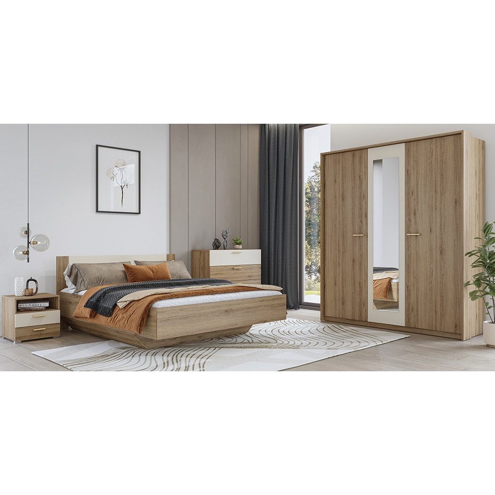 Lomadox Schlafzimmer-Set VARESE-83, (Spar-Set, 4-tlg., Bettgestell klappbarer Lattenrost Kleiderschrank Kommode Nachtkommode), Eiche mit beige inkl. Bettkasten 180x200cm Liegefläche