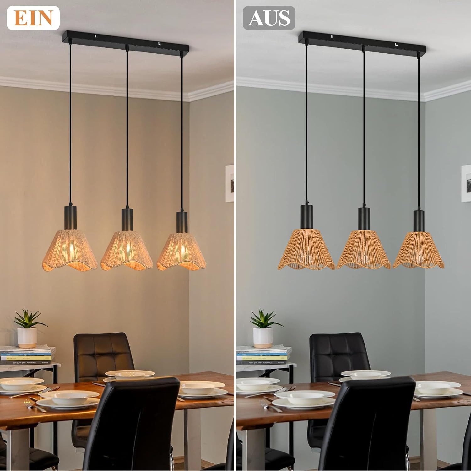 Nettlife Pendelleuchte Schwarz Papier Retro Boho Hängelampe mit 1/3 flammige E27 Fassung, Höhenverstellbar, ohne Leuchtmittel, ob Schlafzimmer Flur Esszimmer Da – Bild 5 von 5