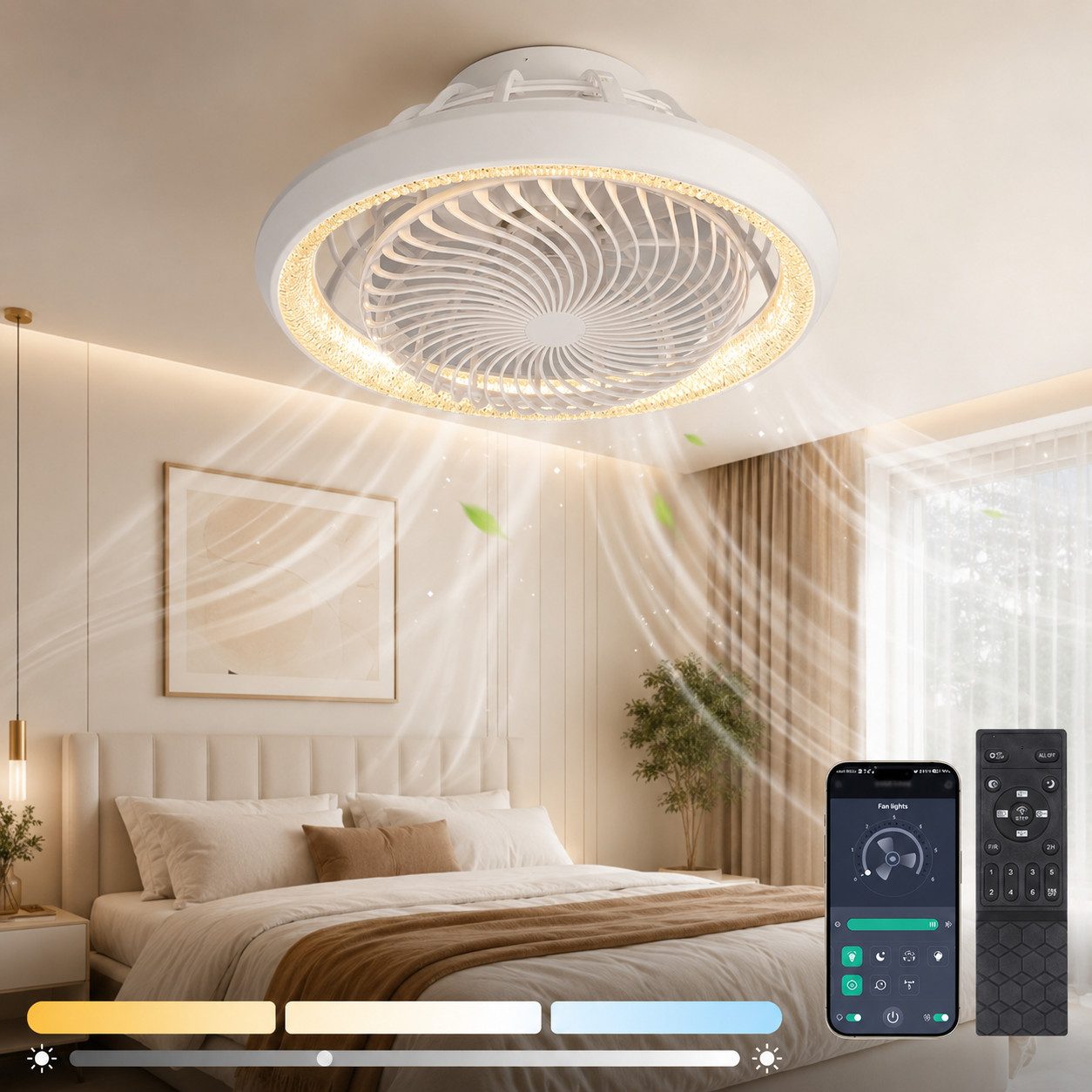Sunicol Deckenventilator mit Beleuchtung, Dimmbar Deckenlampe mit ventilator, 6-Gang, Leise, Timer, Fernbedienung&APP, 360° Drehbar, für Wohnzimmer Schlafzimmer
