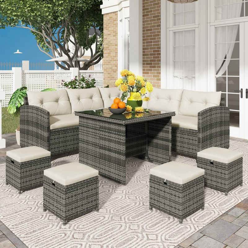 Merax Gartenlounge-Set 5er Ecksofa, 1xTisch mit Glas, 4x Hocker mit Kissen, (8-tlg), Polyrattan Lounge für 9 Personen, Gartenmöbel Set, Balkonset