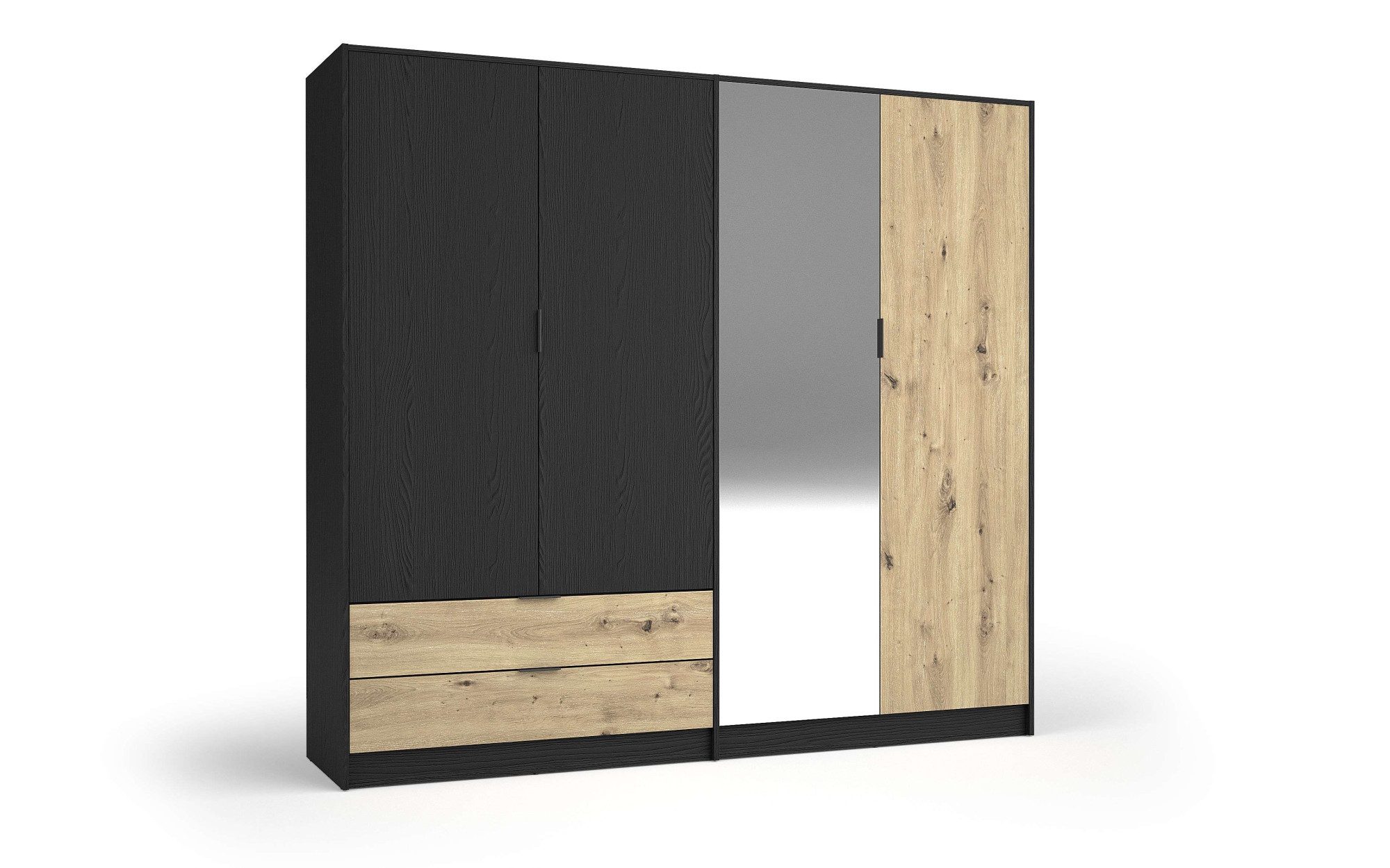 OTTO home Kleiderschrank PEERY mit Spiegel, 2 Schubladen, 4 Fächer und 2 Kleiderstangen Garderobe mit 4 Türen und schwarzen Griffen, Maße B/T/H: 220/54/203cm – Bild 5 von 5